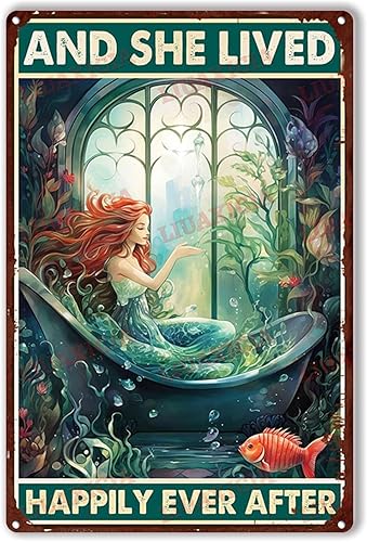 Miniatura 9 de Letrero de metal de estilo retro con diseño de sirena y ella vivió felices para siempre, decoración de pared, 12 x 16 pulgadas