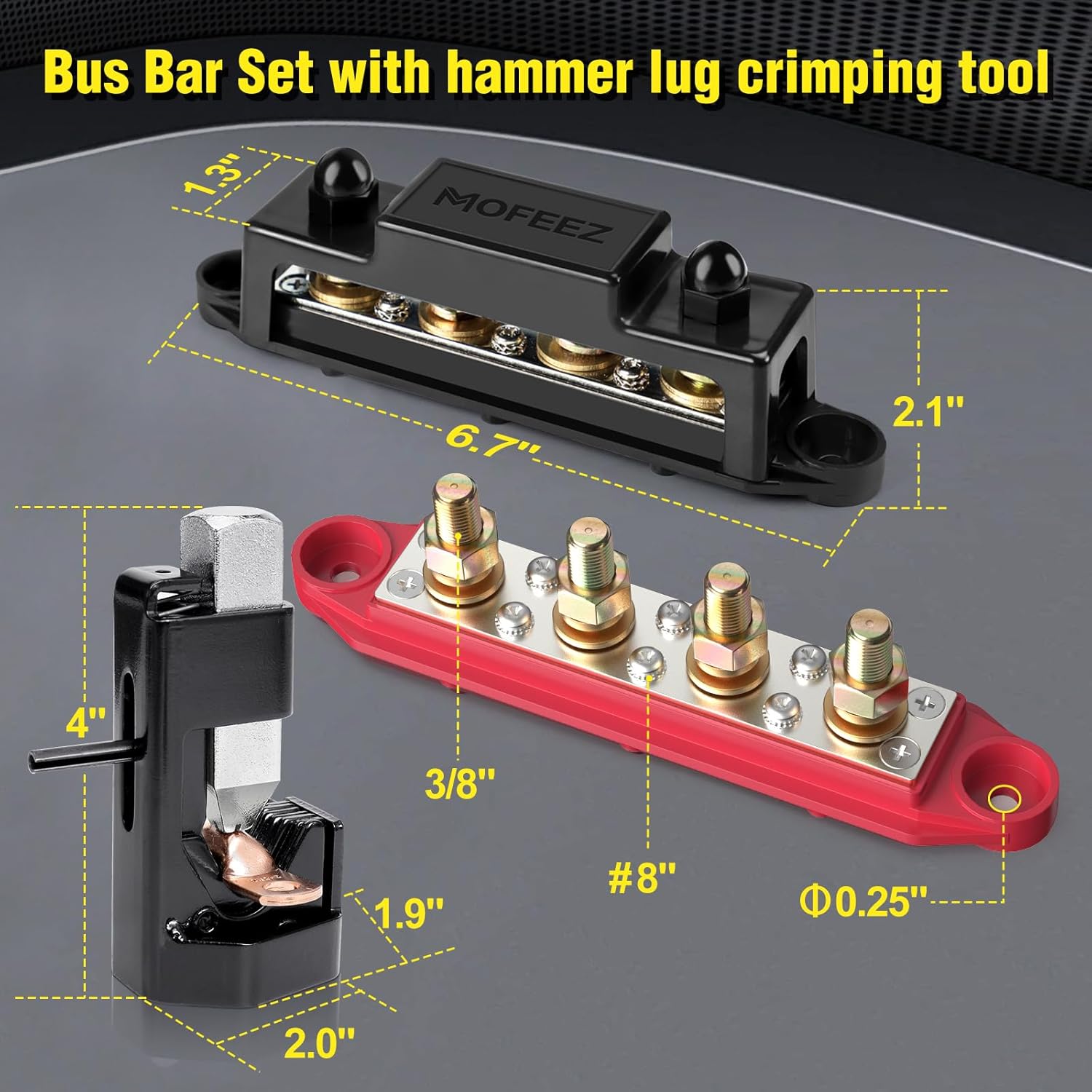 MOFEEZ Power Distribution Block Bus Bar 4 × 3/8" Posts 6 × #8 Screws with Hammer Lug Crimping Tool, Marine Bus Bar 48V 250A for Automotive, Car, Boat, Solar Wiring