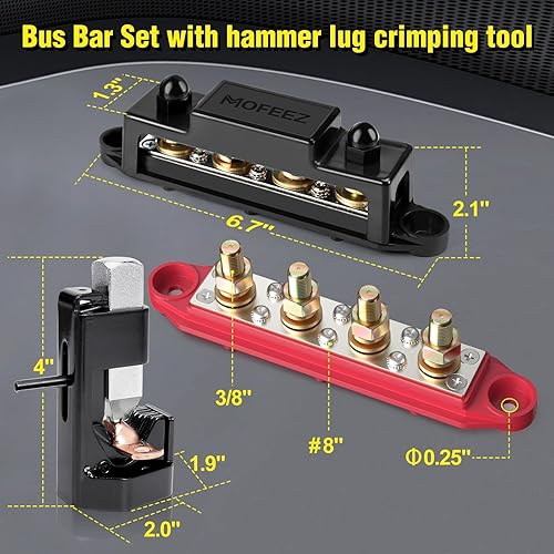 Vista 21 de MOFEEZ Barra de bus de bloque de distribución de energía, 4 postes de 3/8 pulgadas, 6 terminales de tornillos #8, máximo 48 V 250 A