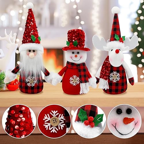 Miniatura 2 de Decoraciones navideñas a cuadros rojos para interiores, paquete de 3 figuras de muñeco de nieve de peluche, Papá Noel y renos, adornos navideños de