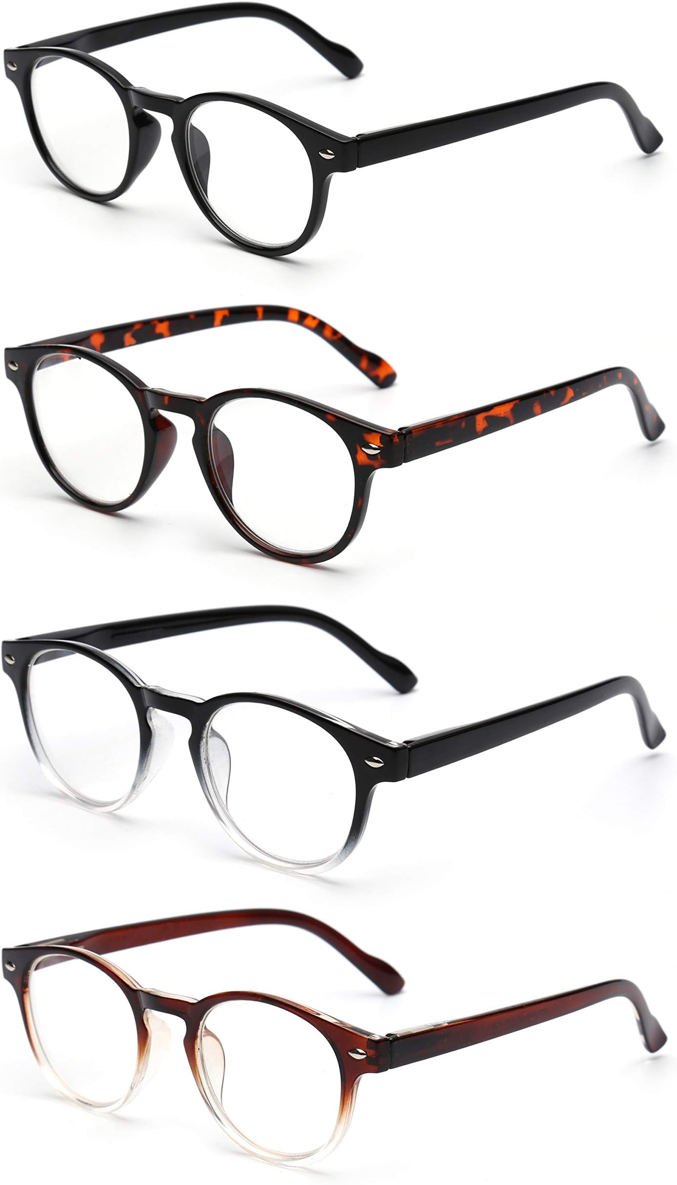JM 4 Pack Spring Hinge Reading Glasses Vintage Round Glasses for Reader Men Women