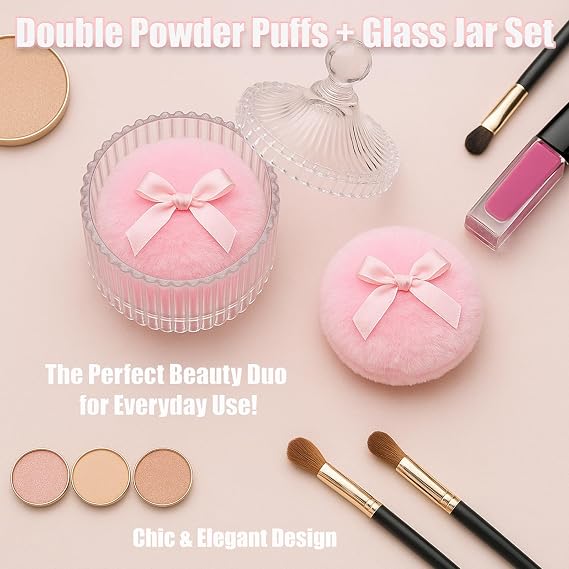3-Piece Elegant Dusting Powder Container with Puff Set – Crystal Glass Body Powder Jar with Large Reusable Powder Puffs for Women & Babies – Vintage Powder Puff and Container for Loose Dusting Powder
