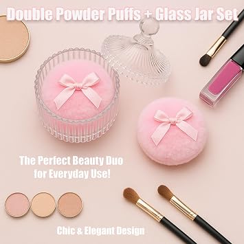 3-Piece Elegant Dusting Powder Container with Puff Set – Crystal Glass Body Powder Jar with Large Reusable Powder Puffs for Women & Babies – Vintage Powder Puff and Container for Loose Dusting Powder