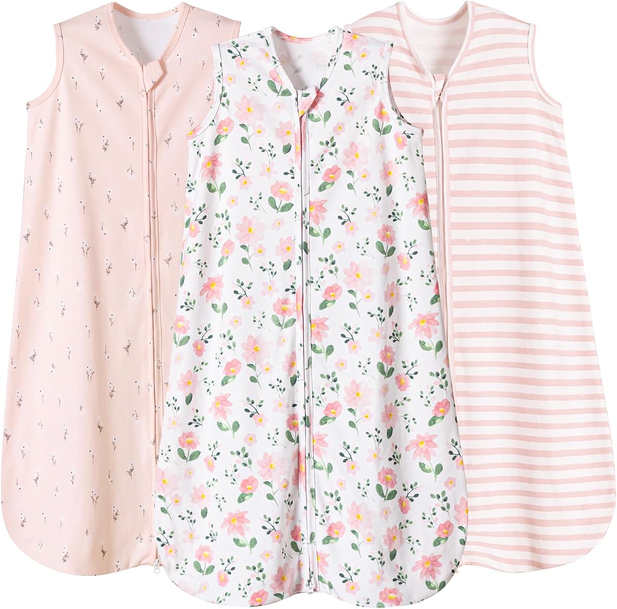 PHF Saco de dormir para bebé 100% algodón orgánico de 6 a 12 meses, manta suave y ligera para bebés, cremallera de 2 vías 0,3 TOG, cómodo saco de dormir para niños, paquete de 3 para niños y niñas, neutro, rosa floral (mediano)