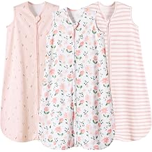 PHF 100% Organic Cotton Baby Sleep Sack 0-6 Months, Soft Lightweight Wearable Blanket for Babies, 2-Way Zipper 0.3 TOG Comfy Toddler Sleeping Sack 3 Pack for Boys Girls Neutral, Pink Floral Small