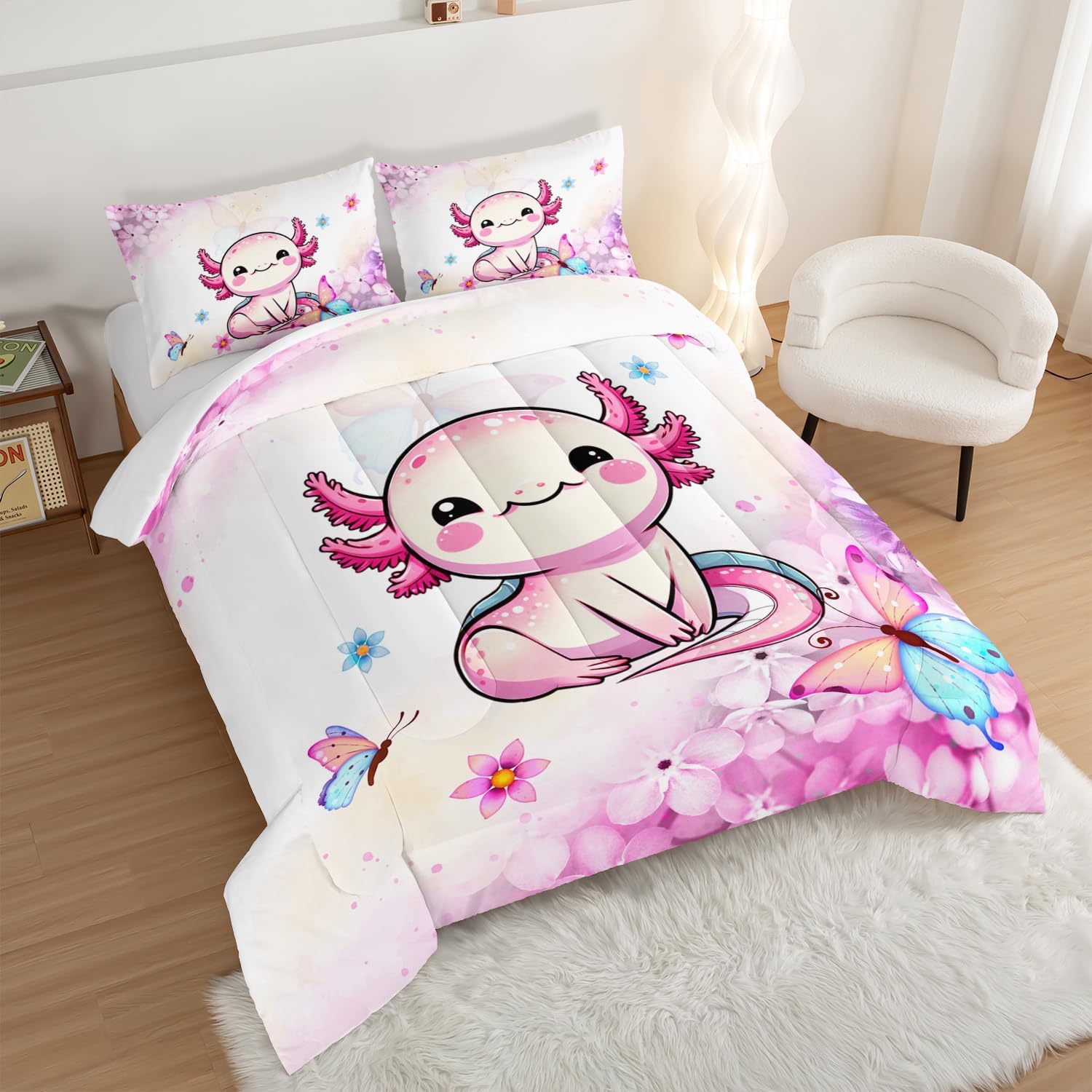 Cartoon Axolotl Comforter Kids Bedding Set,Axolotl Flower Butterfly Bedding Twin Size for Boys Girls Room Kawaii Decor,Pink Toddler Comforter Sets with 2 Pillowcases. - Image 2