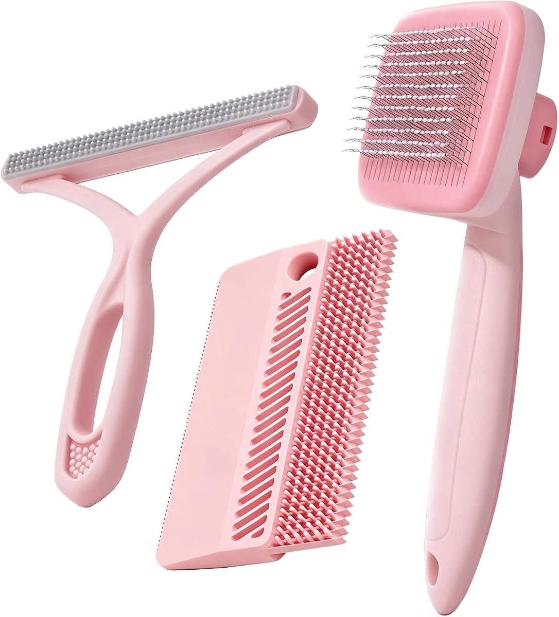 Self-Cleaning Cat Brush for Shedding and Pet Hair Remover Set, Pink | Grooming brush for Indoor cats small dogs; reusable fabric scraper and lint remover for clothes, couches, bedding and cars.