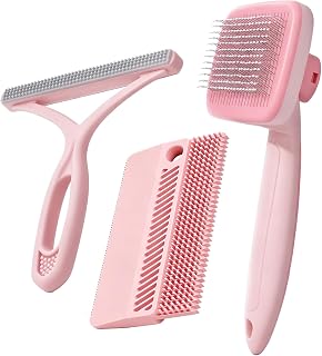 Self-Cleaning Cat Brush for Shedding and Pet Hair Remover Set, Pink | Grooming brush for Indoor cats small dogs; reusable fabric scraper and lint remover for clothes, couches, bedding and cars.