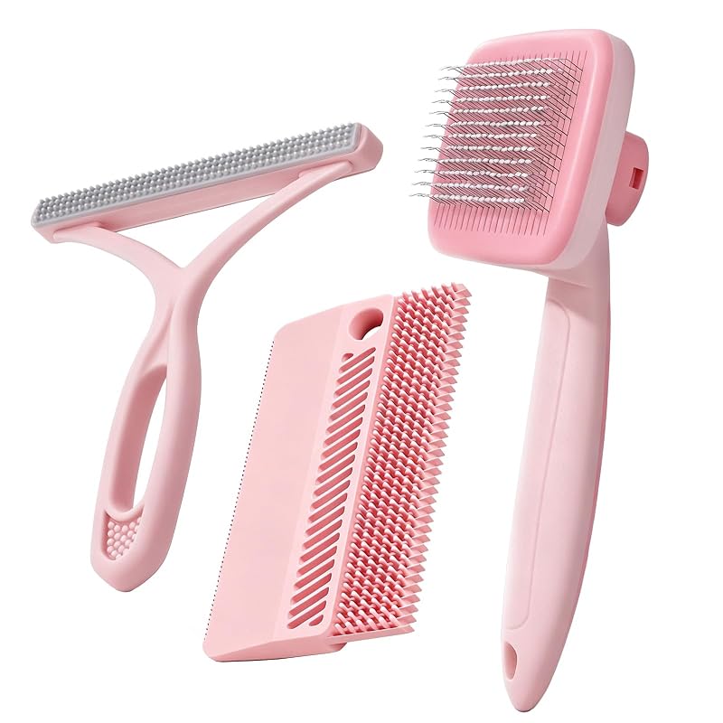 Kit de Escovas para Gatos Petobey com Escova Autolimpante e Removedores de Pelos, Rosa