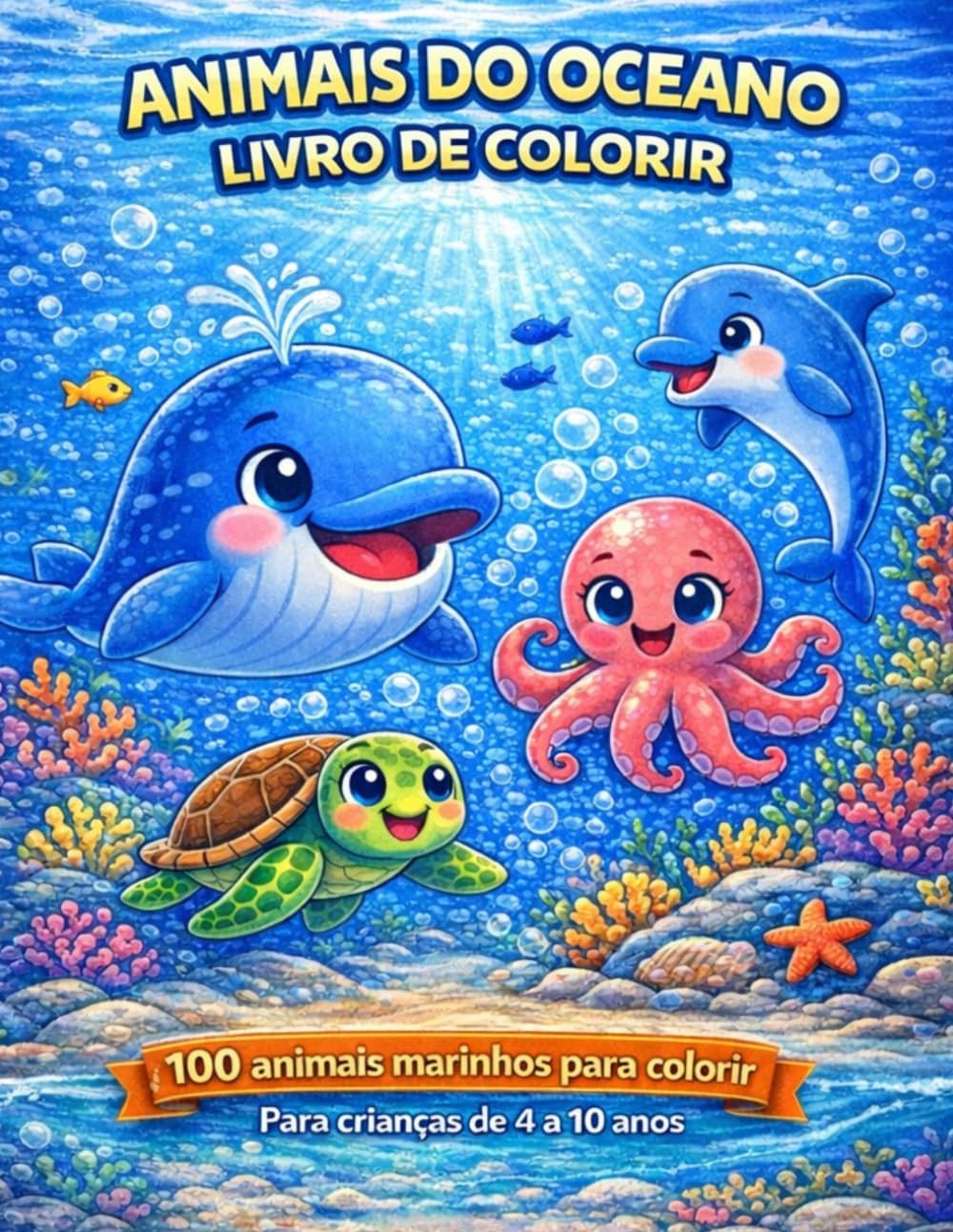 Livro de Colorir Animais do Oceano para Crianças – 100 Animais Marinhos para Colorir: Grande livro de colorir com animais marinhos, peixes, tubarões e baleias para meninos e meninas de 4 a 10 anos