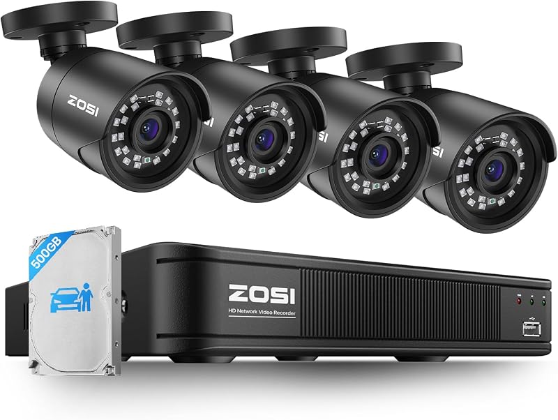 Sistema de cámaras de seguridad con cable ZOSI 3K Lite, 4 cámaras CCTV de 2 MP, disco duro de 500 GB | Detección AI de personas/vehículos, DVR de vigilancia de 5 MP Lite H.265+ de 8 canales, cámara CCTV IP66, visión nocturna de 80 pies, acceso remoto