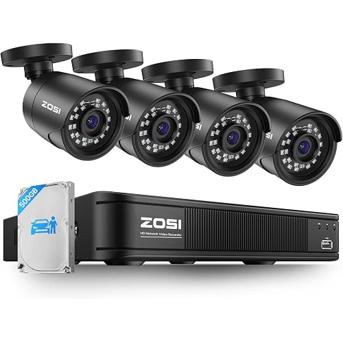 ZOSI 3K Lite Wired Security Camera System, 4 X 2MP CCTV Cameras, 500GB HDD | AI Human/Vehicle Detection, 5MP Lite H.265+ 8 Channel Surveillance DVR, IP66 CCTV Camera, 80ft Night Vision, Remote Access