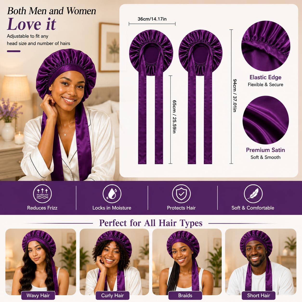 Silky Satin Hair Bonnet for Sleeping, Pack of 2, Adjustable Tie Band, Large Size, Sleep Cap for Curly, Braids, Natural Hair