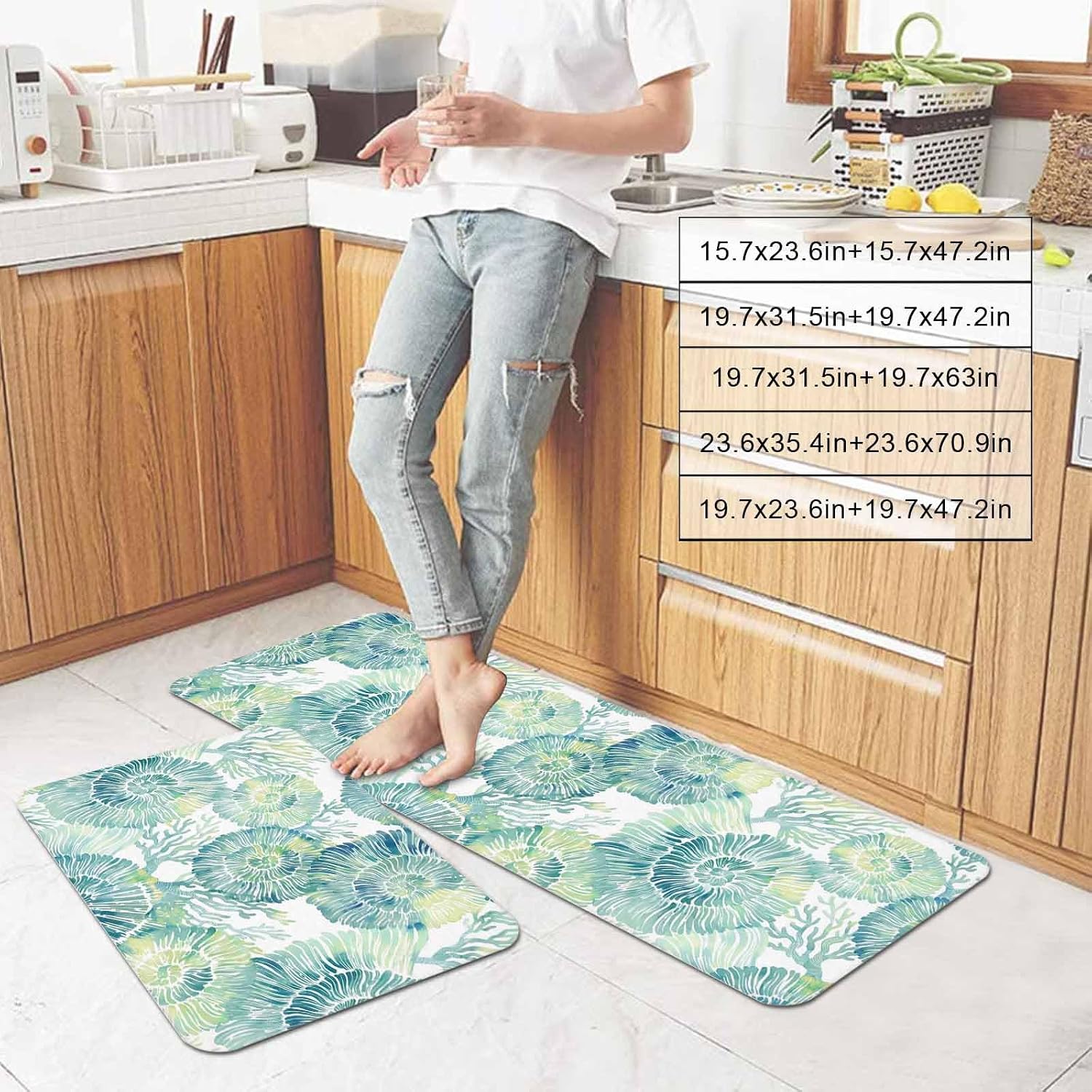 Prime Leader Teal Nautilus Kitchen Mat Set 2 Pieces Summer Watercolor Coastal Green Coral Non Slip Kitchen Rugs Washable Runner Rug Mats for Floor Sink Laundry Office 19.7" x 31.5"+19.7" x 47.2"
