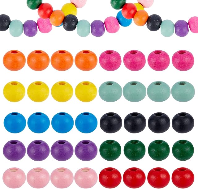 PH PandaHall 340pcs 10 Colors Wood Beads, 7mm Environmental Round Wooden Beads Macrame Craft Large Hole Beads Spacer Loose Beads for Crafting Christmas DIY Jewellery Making, Hole 2mm
