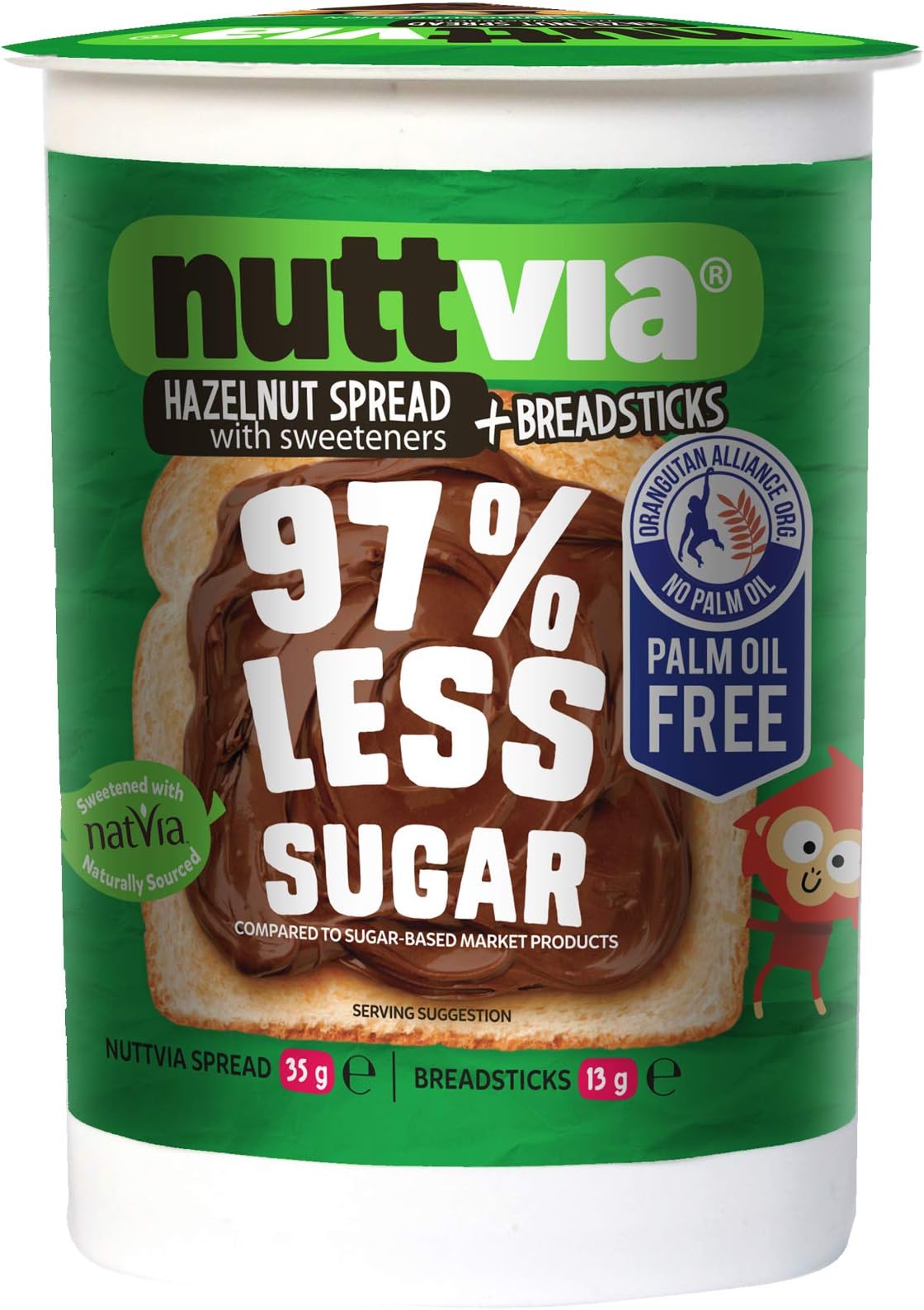 Nuttvia Chocolate and Hazelnut Spread & Breadsticks Snack Pack – Delicious & Palm Oil Free with Natural Sweeteners – 97% Less Sugar (48g)
