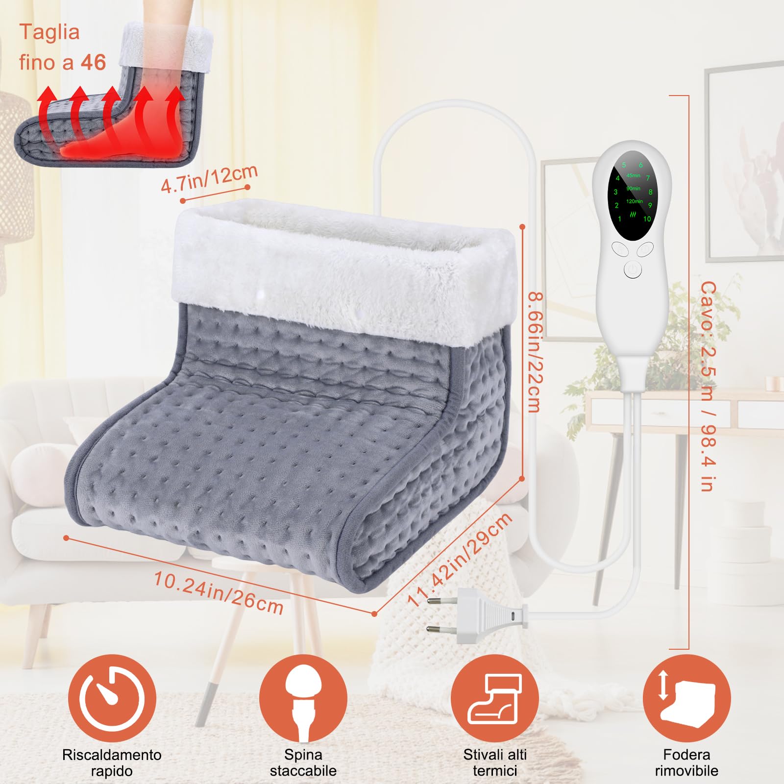 DEWEL Scaldapiedi Elettrico Scaldapiedi con Rivestimento Lavabile, Riscaldamento Rapido a 30-60°C e 10 Livelli di Temperatura Regolabili, Impostazione Intelligente del Timer, Marrone