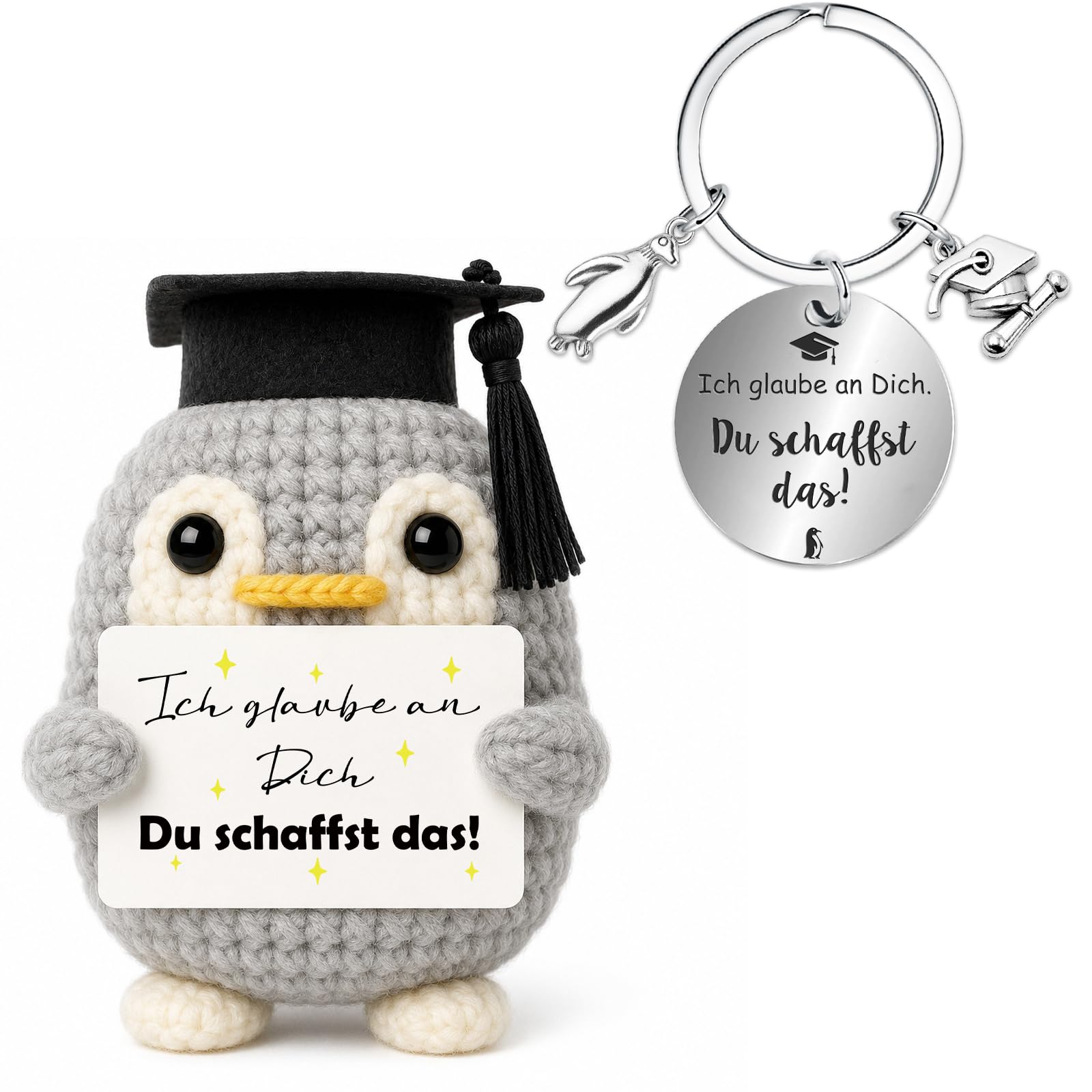 Farbeele Einschulung Geschenk, Handgehäkelter Pinguin mit Doktorhut, Glücksbringer Schulanfang Junge Mädchen, Kleine Aufmerksamkeit, Geschenk Schulanfang für Schulkind, Du schaffst das