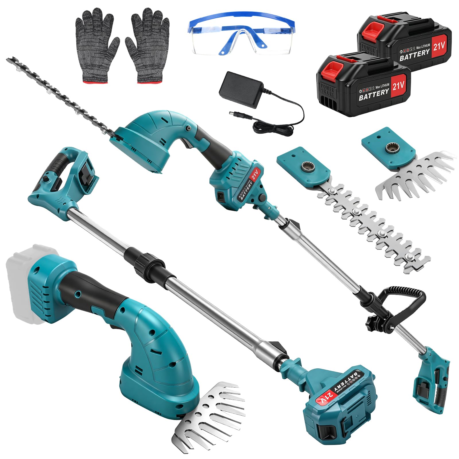 Cortasetos Batería con Pértiga Telescópico 3 en 1 con 2 * 3000 mAh Baterías, Cortasetos Bateria Recargable, Longitud de Sierra 200 mm/99mm Cuchillas