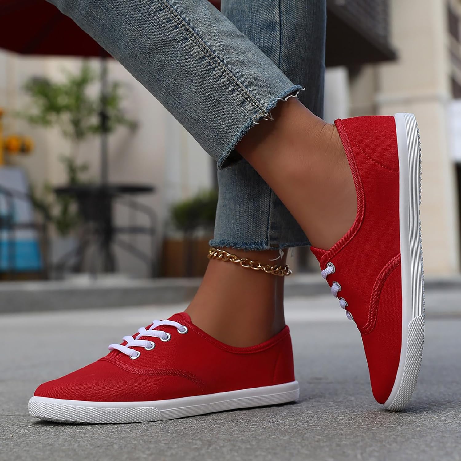 Women's Canvas Lace Up Sneaker Casual Low Top Sneakers Fashion Womens Tennis Shoes with Padded Insole Fashionable Comfortable and Versatile Solid Color Canvas Flat for Everyday Wear - Image 5