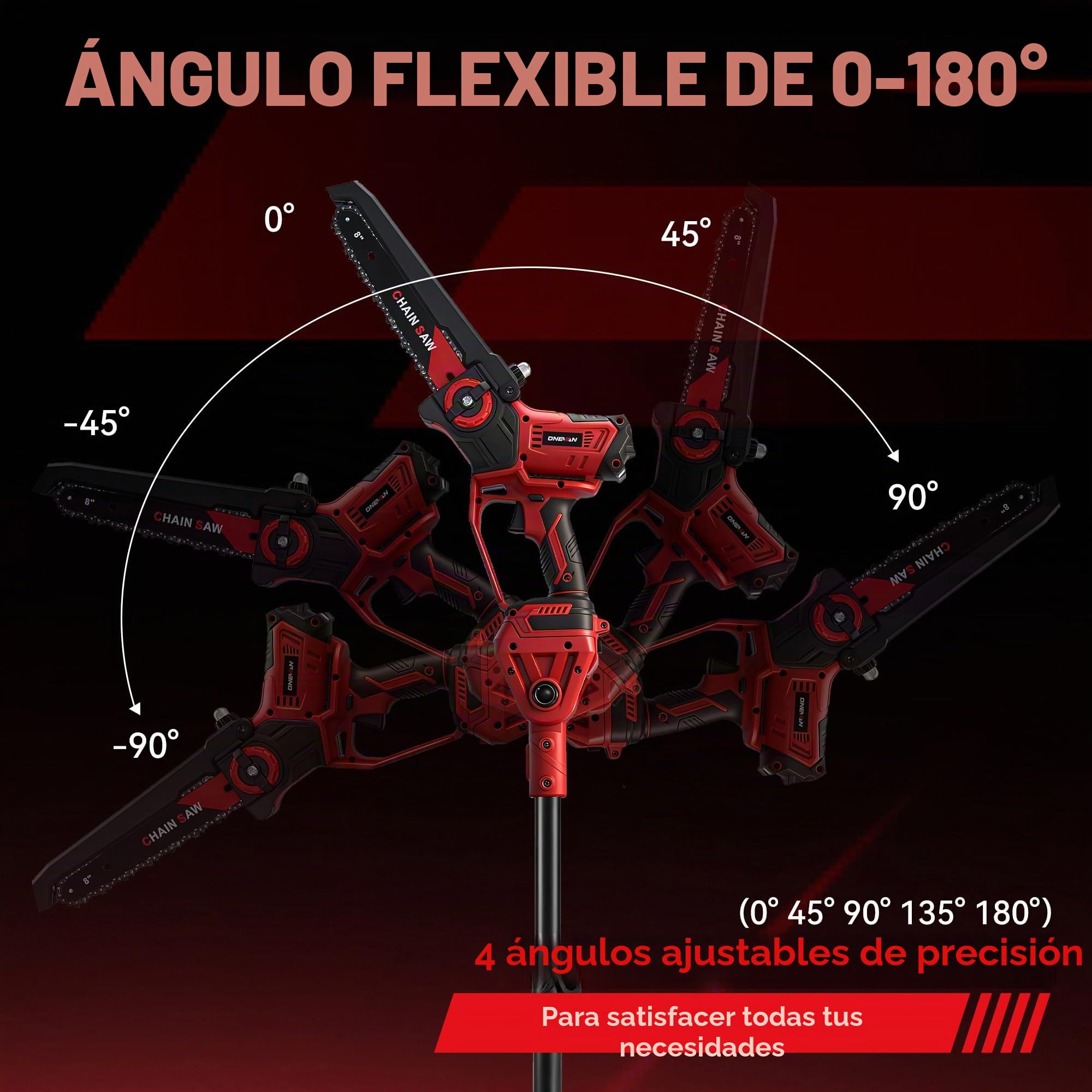ONEVAN Motosierra Telescópica a Batería 4 en 1, Motor Brushless 700W, Podadora de Altura con Espada de 8" y 6", Pértiga Extensible 2,5m, Cabezal Giratorio 180°, 2 Baterías 3,0Ah, para Jardín y Poda