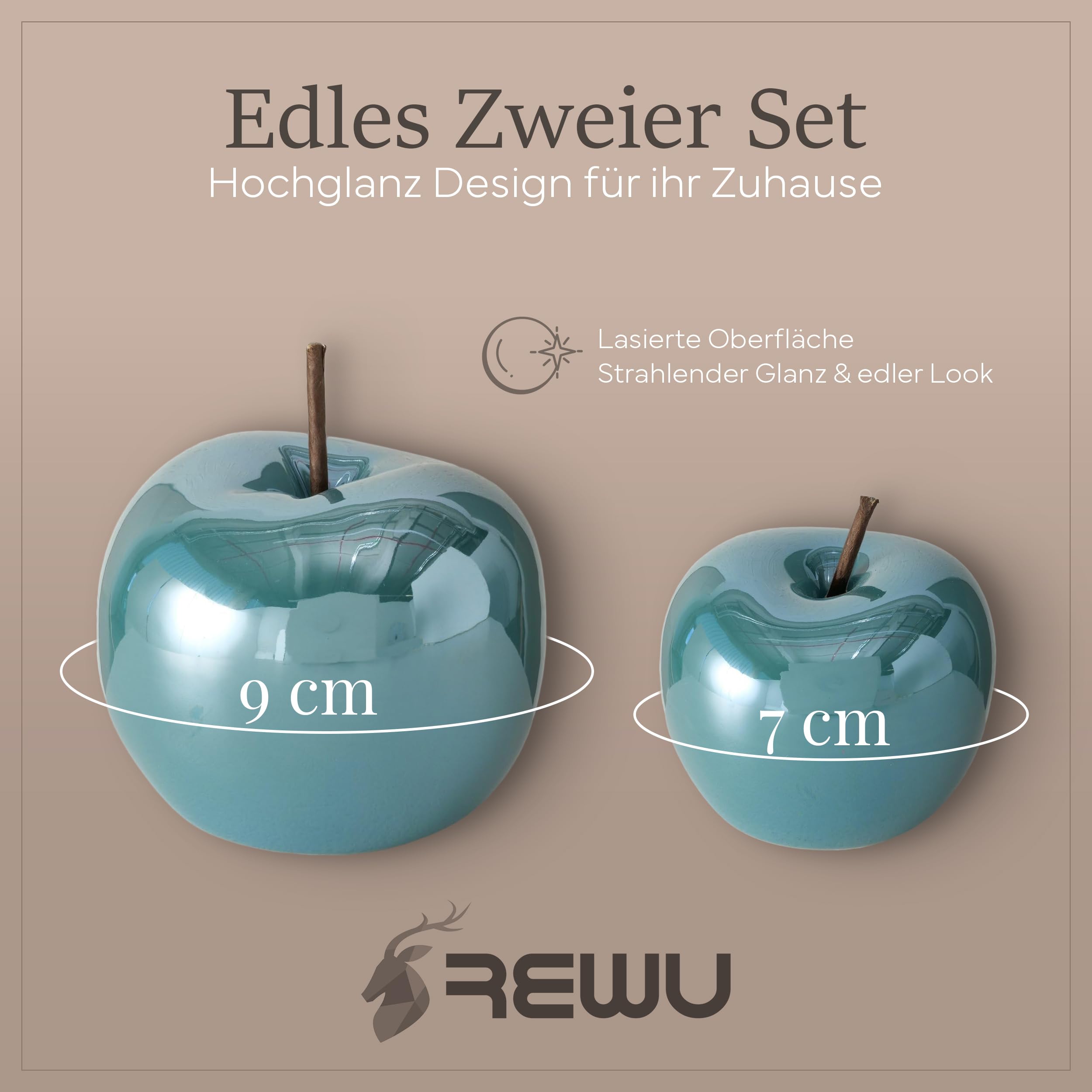 ReWu Zestaw 2 ceramicznych dekoracji jabłek z lasurowanej olejem z połyskiem i efektem perłowym