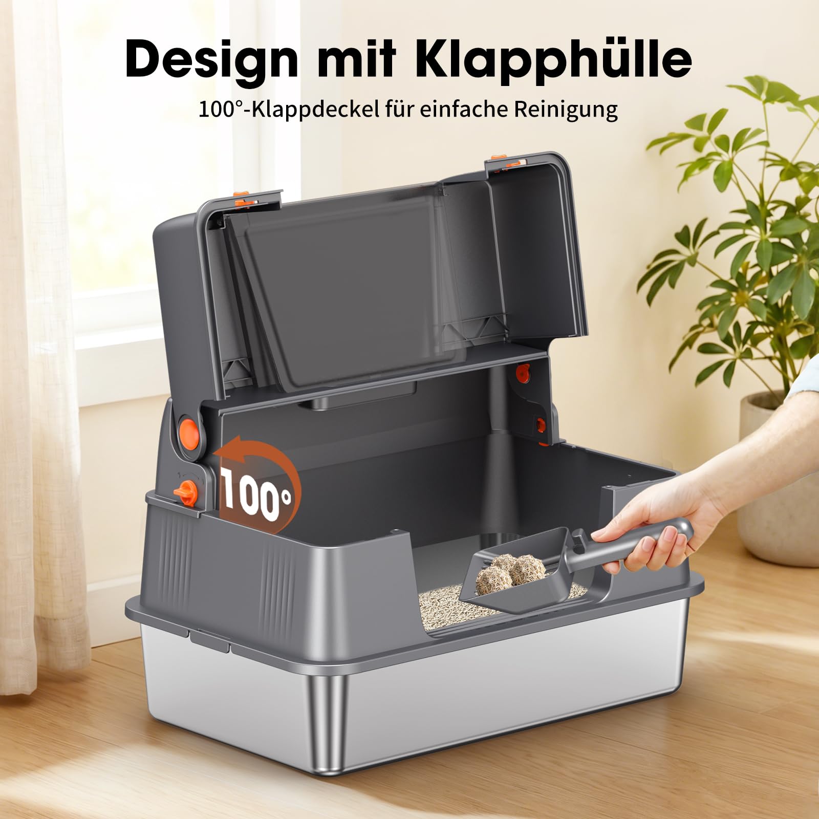 Edelstahl Katzentoilette Geschlossen 100° Klappdeckel,Dunkelgrau | Metallwanne, Vollständige Öffnung, Leichte Reinigung, 55L Volumen, Stabil Für Große Katzen