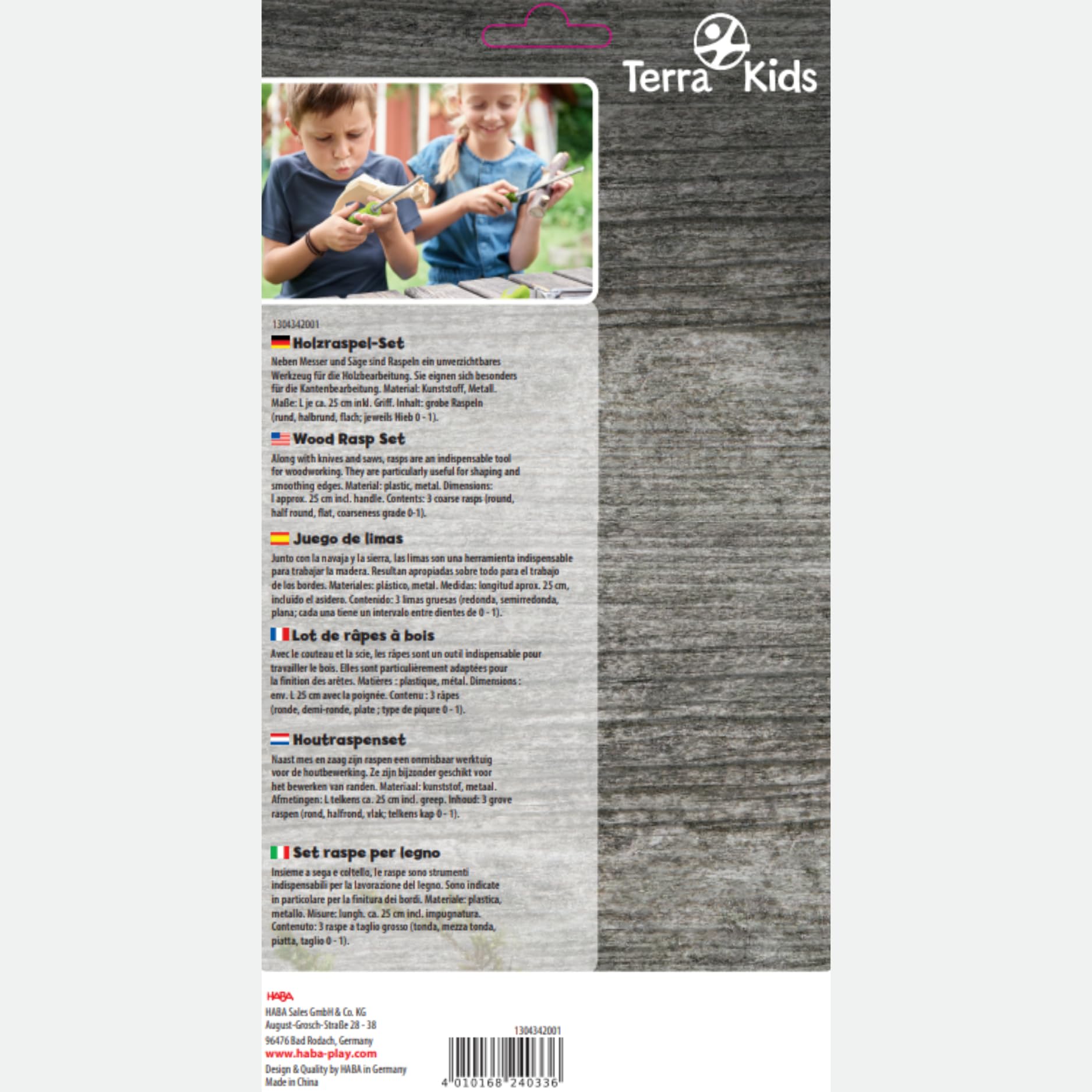 HABA Terra Kids 1304342001 - Set di Attrezzi per Bambini con 3 raspe (Rotonde, semicircolari, Piatte, Ideali per lavori di Legno e lavori all'aperto, dai 7 Anni in su, 1304342001