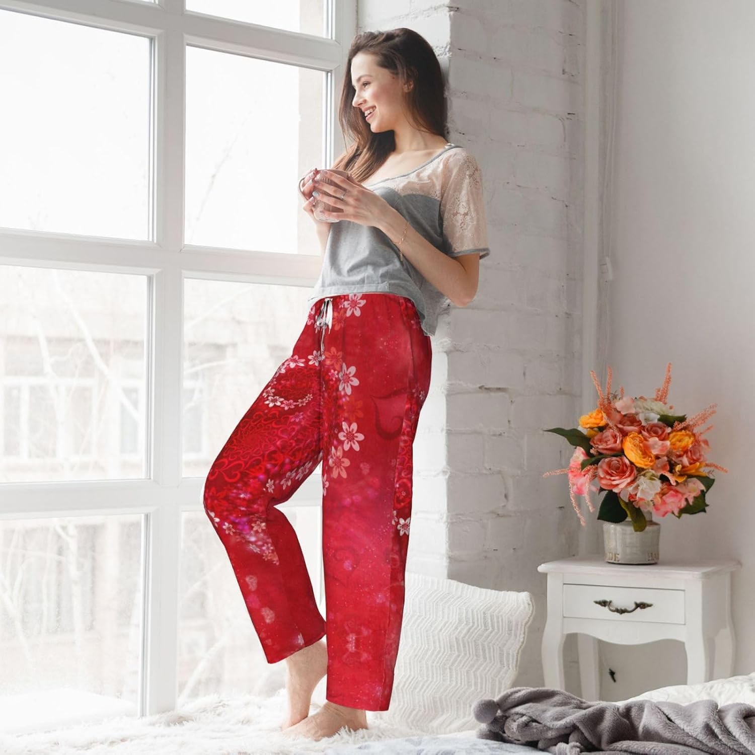 Valentine'S Day Reds Heart Flower Print Cozy Christmas Pajama Pants,Flannel Pajama Bottoms,Cater To Various Body Types