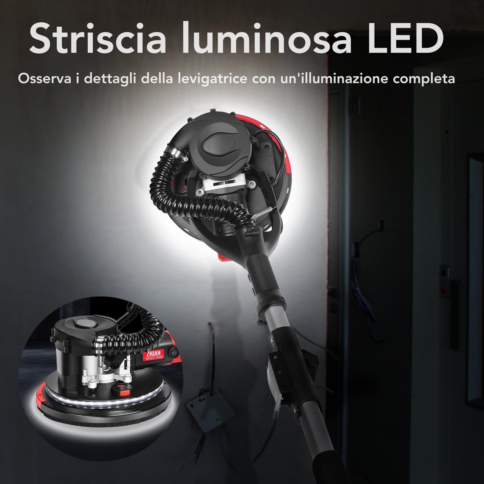 Levigatrice per Muro 880W con aspirazione polvere, 5 velocità (1000-2100 RPM), lisciviazione angoli morti, manico telescopico, LED, strumento rimozione popcorn soffitto 【compatibile aspiratori】