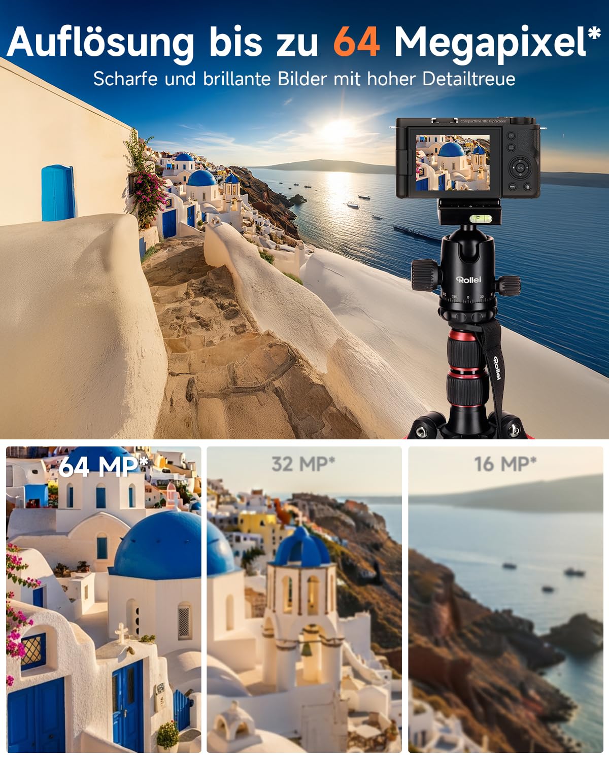 Rollei 64MP 4K Digitalkamera Compactline 10X Flip Screen 10X Optischer Zoom | Fotokamera mit 180° Dreh- & Schwenkbares 2,88" Display für Selfie Vlogging Fotoapparat Tragbar für Teens Anfänger Schwarz