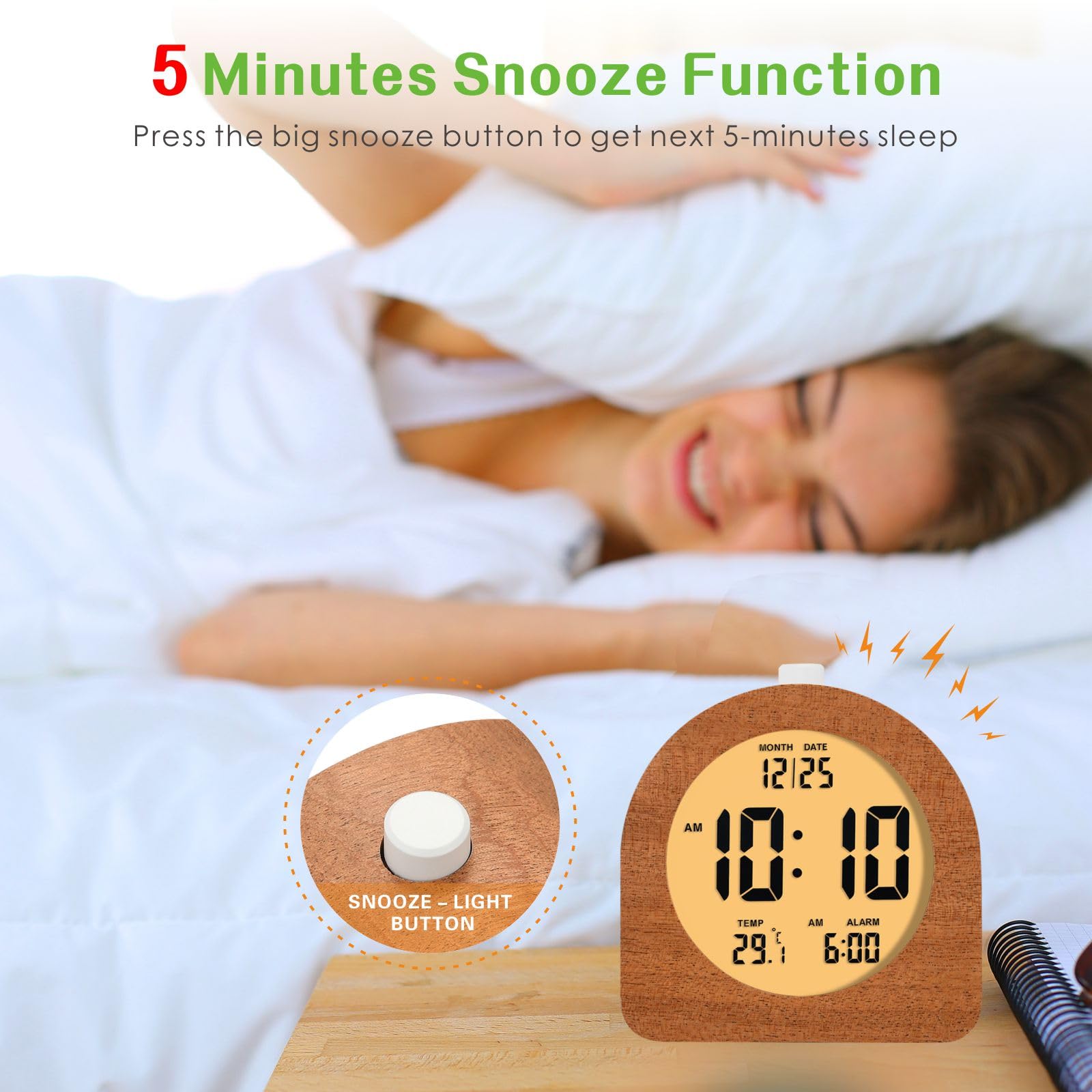 Plumeet Reloj despertador digital de madera para dormitorios, reloj despertador de madera de 4 pulgadas con repetición y luz nocturna, reloj electrónico LCD de escritorio que muestra la hora, fecha,