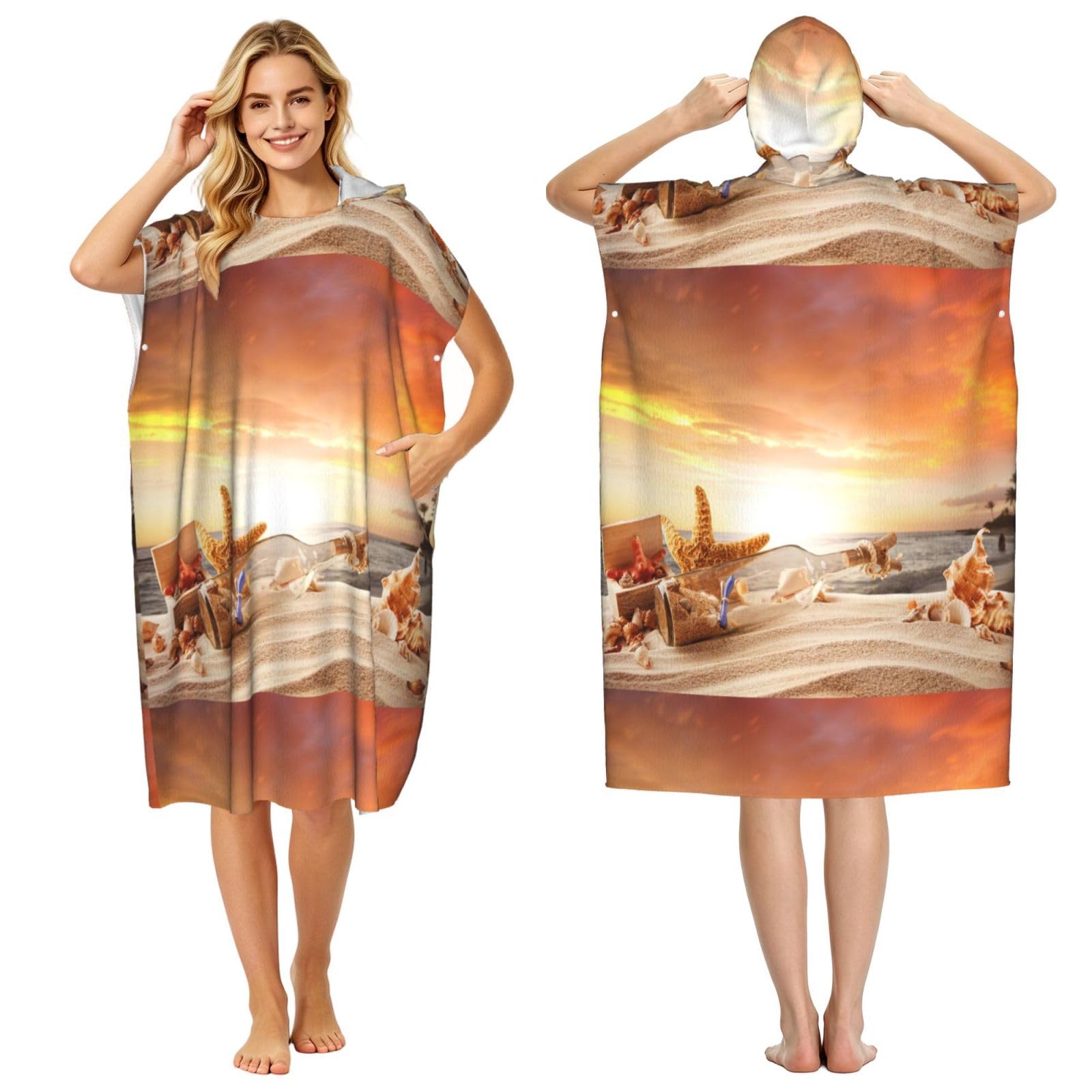 Poadnly Beach With Seashells Sunset Printed, Adult Hooded Beach Towel 90 x 110 cm,Changing Bath Robe, Surf Poncho Towel For Women Men