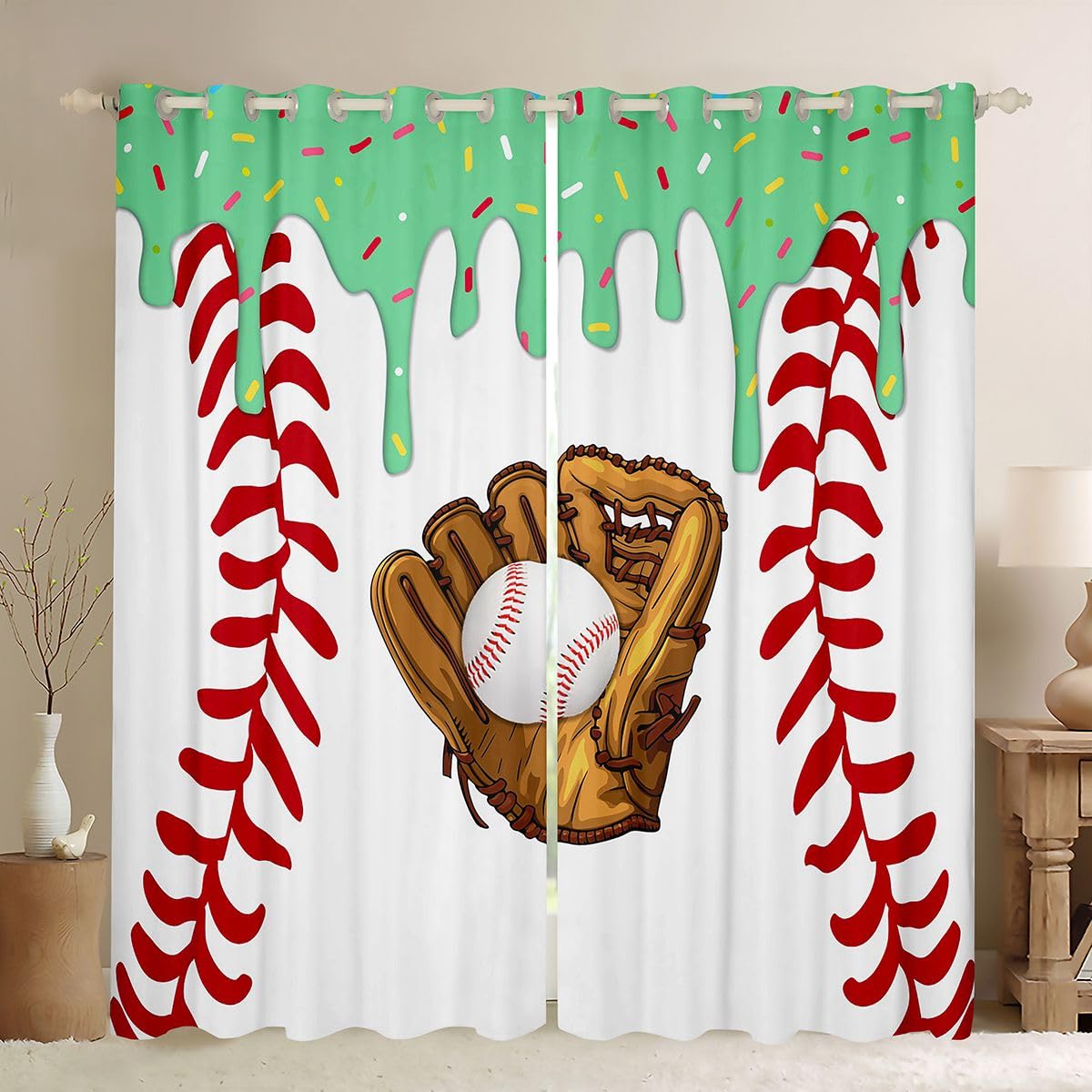 Homewish Zielone zasłony okienne z daszkiem, kremowe, 117 x 137 cm, 2 zestawy paneli – lodowe zasłony zaciemniające, rękawiczki baseballowe, dla miłośników gier, zasłony okienne, słodki deser, sporty