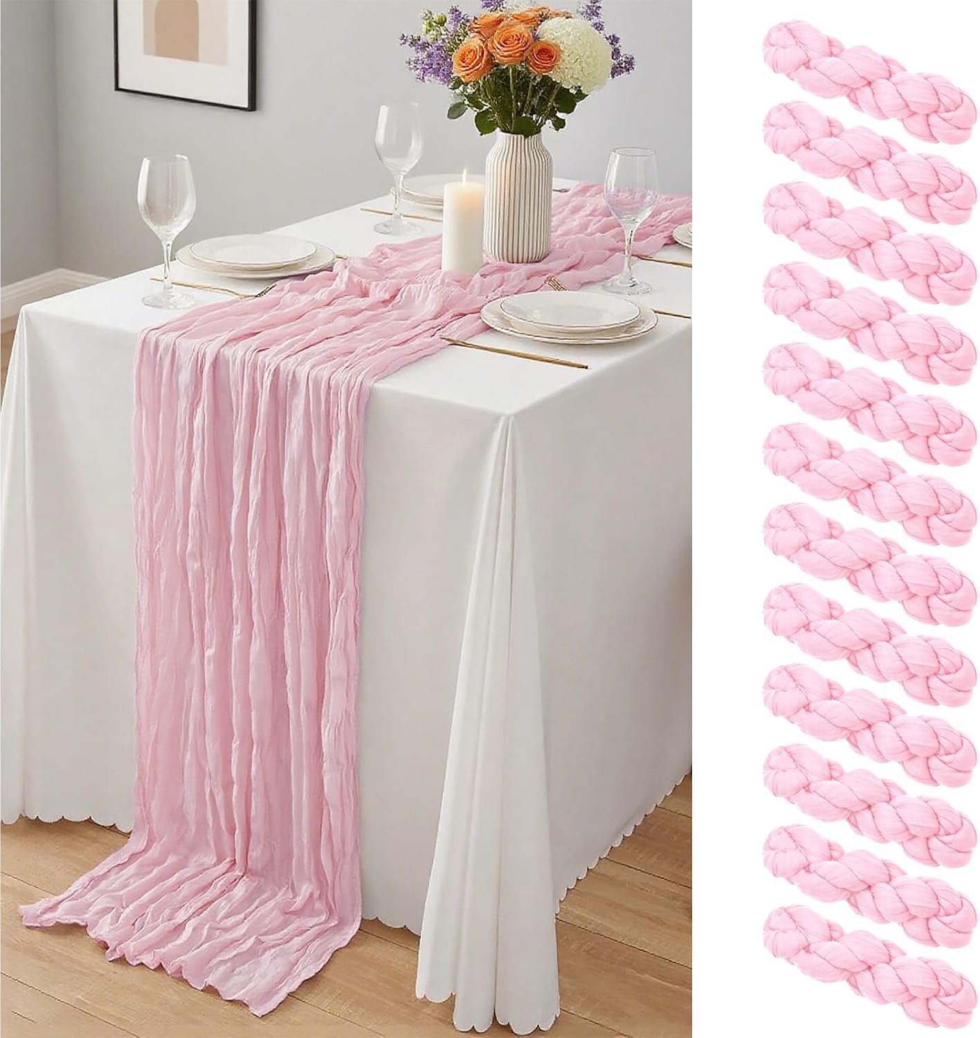 12 Pack Light Pink Cheesecloth Table Runner 10Ft, Gauze Table Runners 21.5 x 120 inch,Semi Sheer Cheese Cloth Fabric Runner Bulk for Wedding,Party,Baby Shower,Bridal Shower