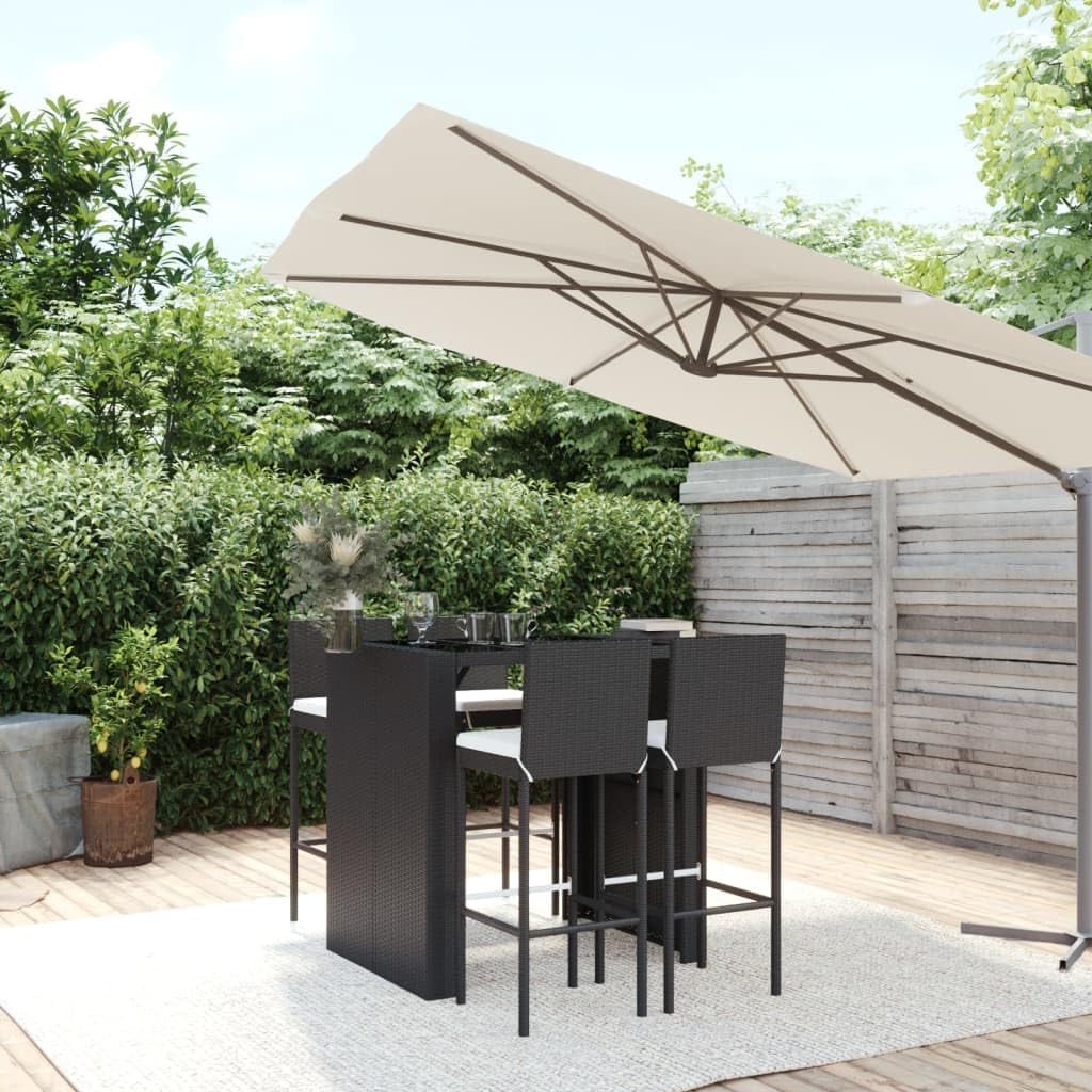 Furniture Sets 5 Piece Patio Bar Set with Cushions Black Poly Rattan,Outdoor Bar Set with Comfortable Bar Stool and Tempered Glass Tabletop for Patio and Garden Outdoor Furniture
