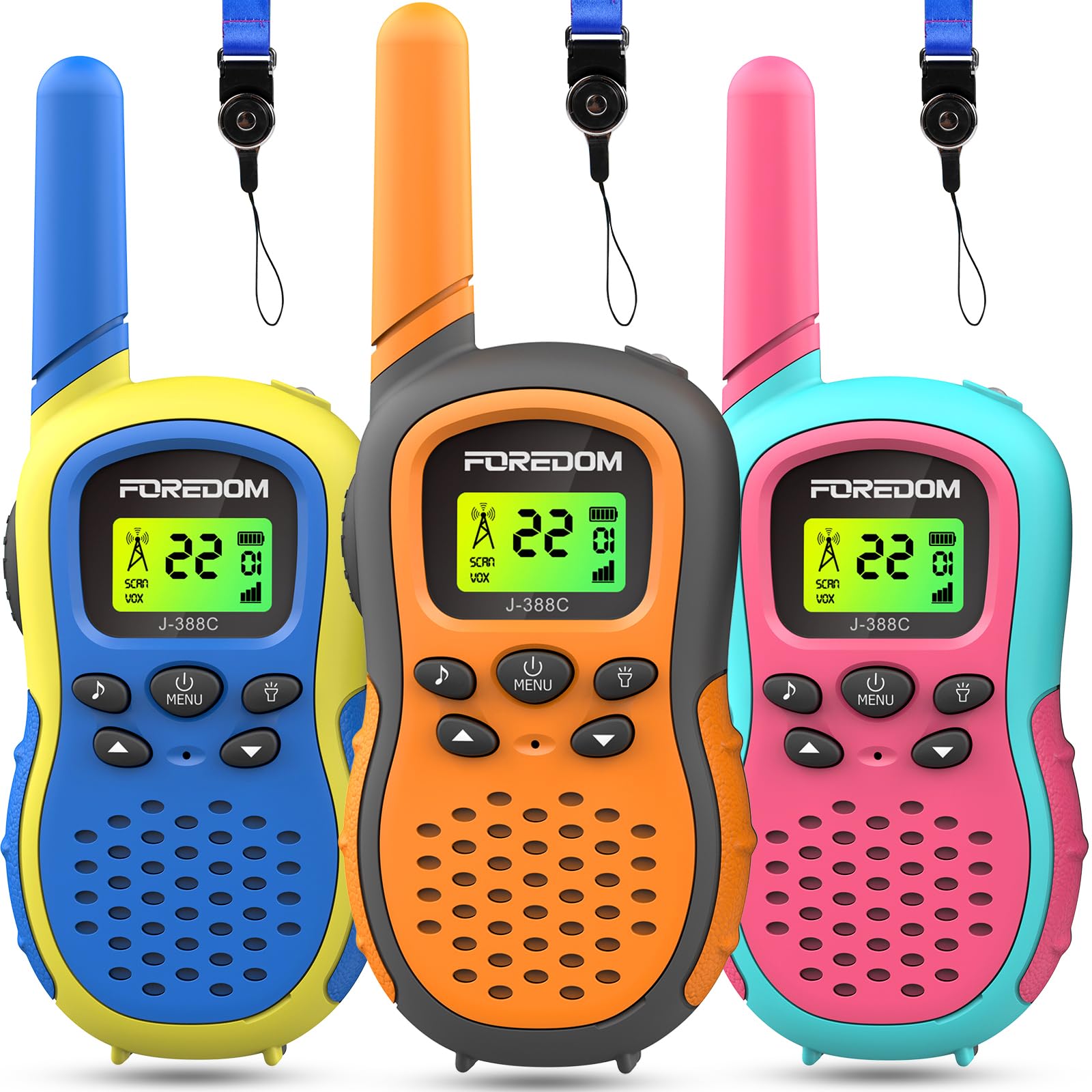 FOREDOM Walkie Talkies für Kinder Walkie Talkies Funkgeräte Set Spielzeug für Jungen & Mädchen 3-12 Jahre, Umhängeband, Geschenke Outdoor-Abenteuer – 3er Set