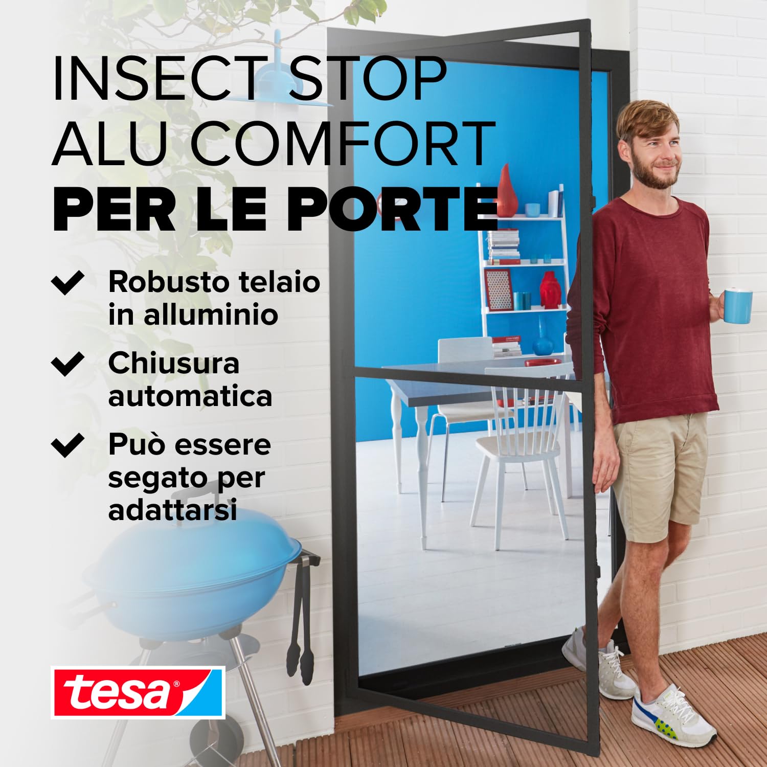 Tesa Insect Stop Alu Comfort Zanzariera per Porte con Telaio in Alluminio e " Clear-View " - Rete per Zanzare per Porta - Antracite, 100 cm x 220 cm