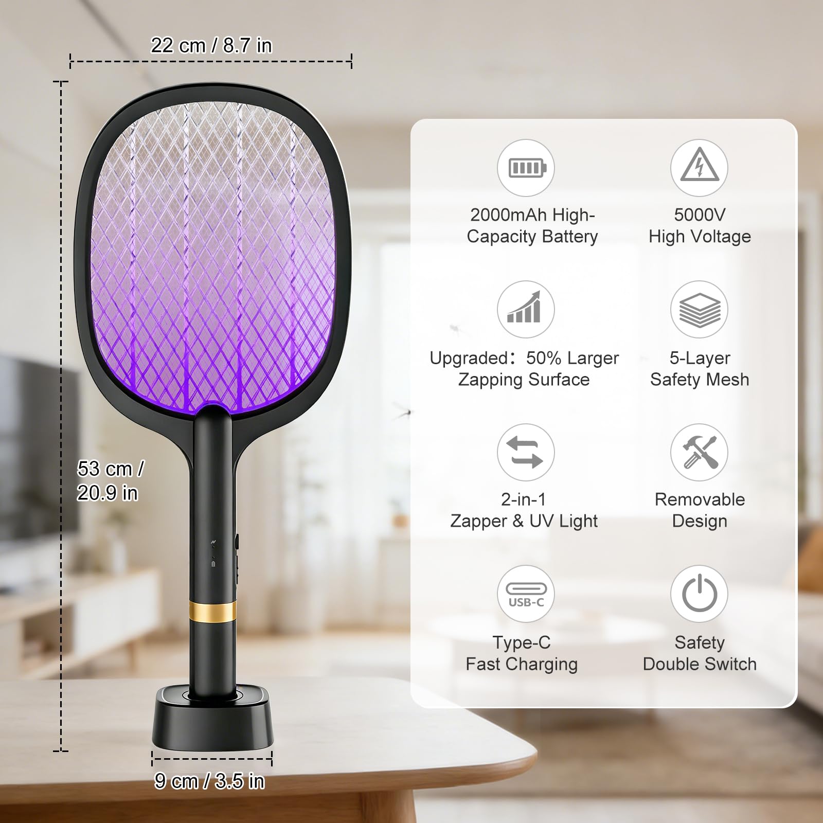 Matamoscas eléctrico, extrafuerte, atrapamoscas eléctrico con base de carga USB C, 2 en 1 eléctrico, matamoscas para mosquitos, moscas, abejas, polillas, 2 PS, negro