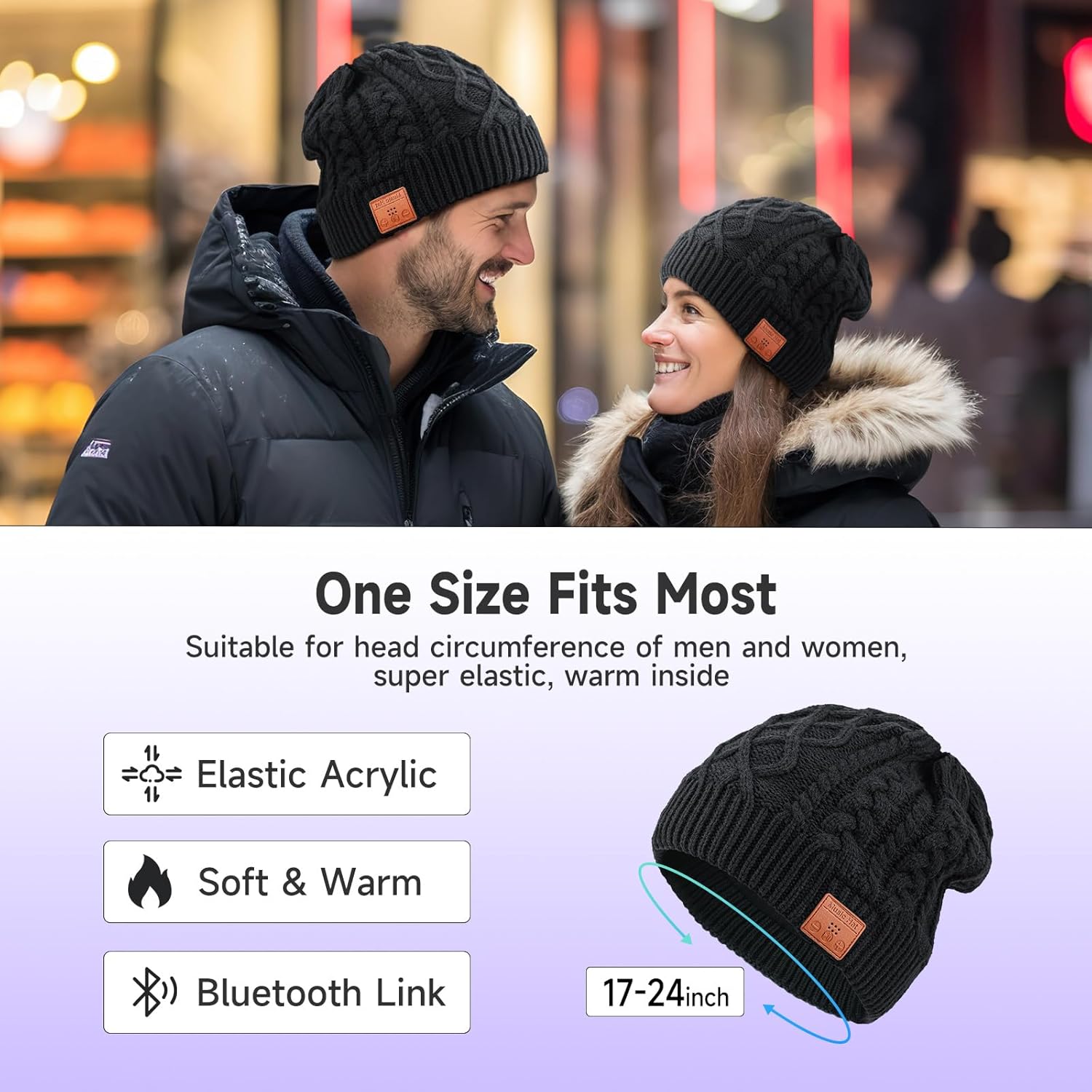Black Acrylic Bluetooth Beanie hat - Tech Gifts for Men and Women, Wireless Bluetooth Hat, Stocking Stuffer - Image 2