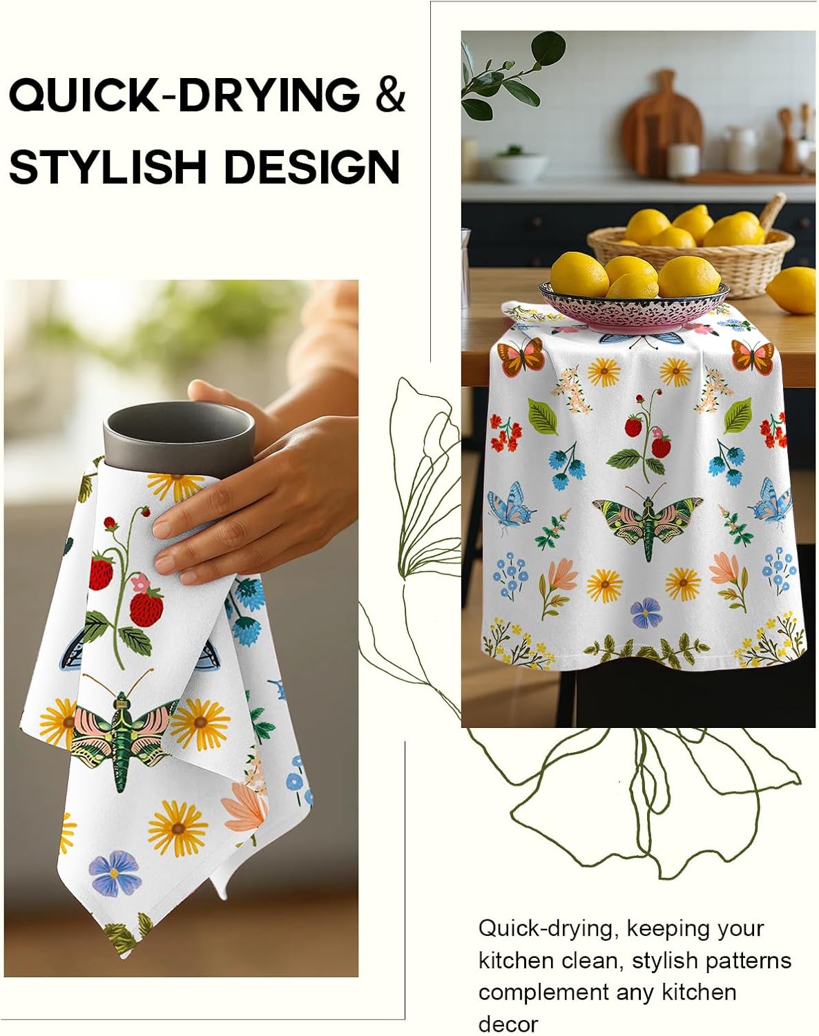 Flour Sack Kitchen Towels Set of 2-18x26 Cotton Dish Towels with Hanging Loop Reusable Tea Towel for Cleaning Spring Absorbent Dishcloths Cute Home Decor Housewarming, Butterfly Garden - Image 4