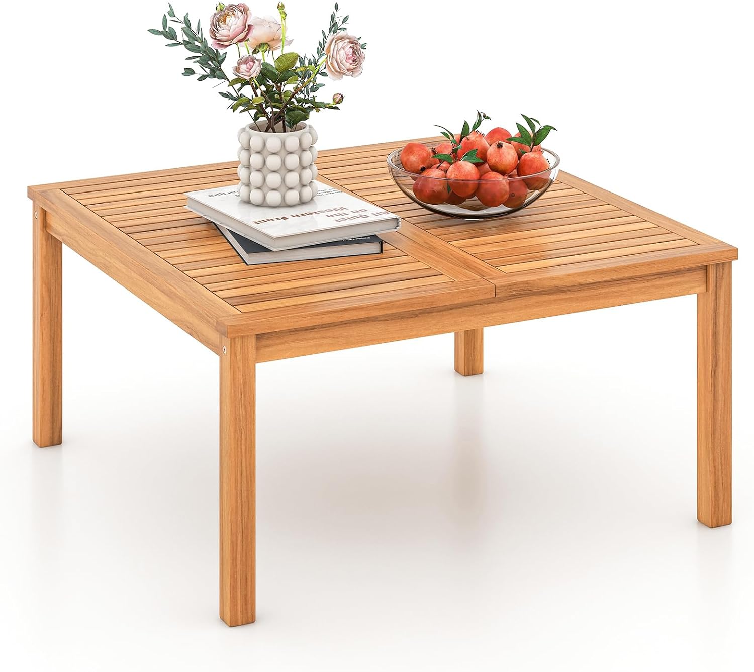 HAPPYGRILL Outdoor Coffee Table Acacia Wood Patio Table with Slatted Tabletop, Square Coffee Table for Outside Balcony, Garden & Poolside, Natural