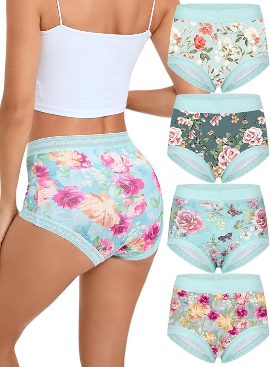 Morvia Women's High Waisted Printed Briefs: Lace Trim and Full Coverage