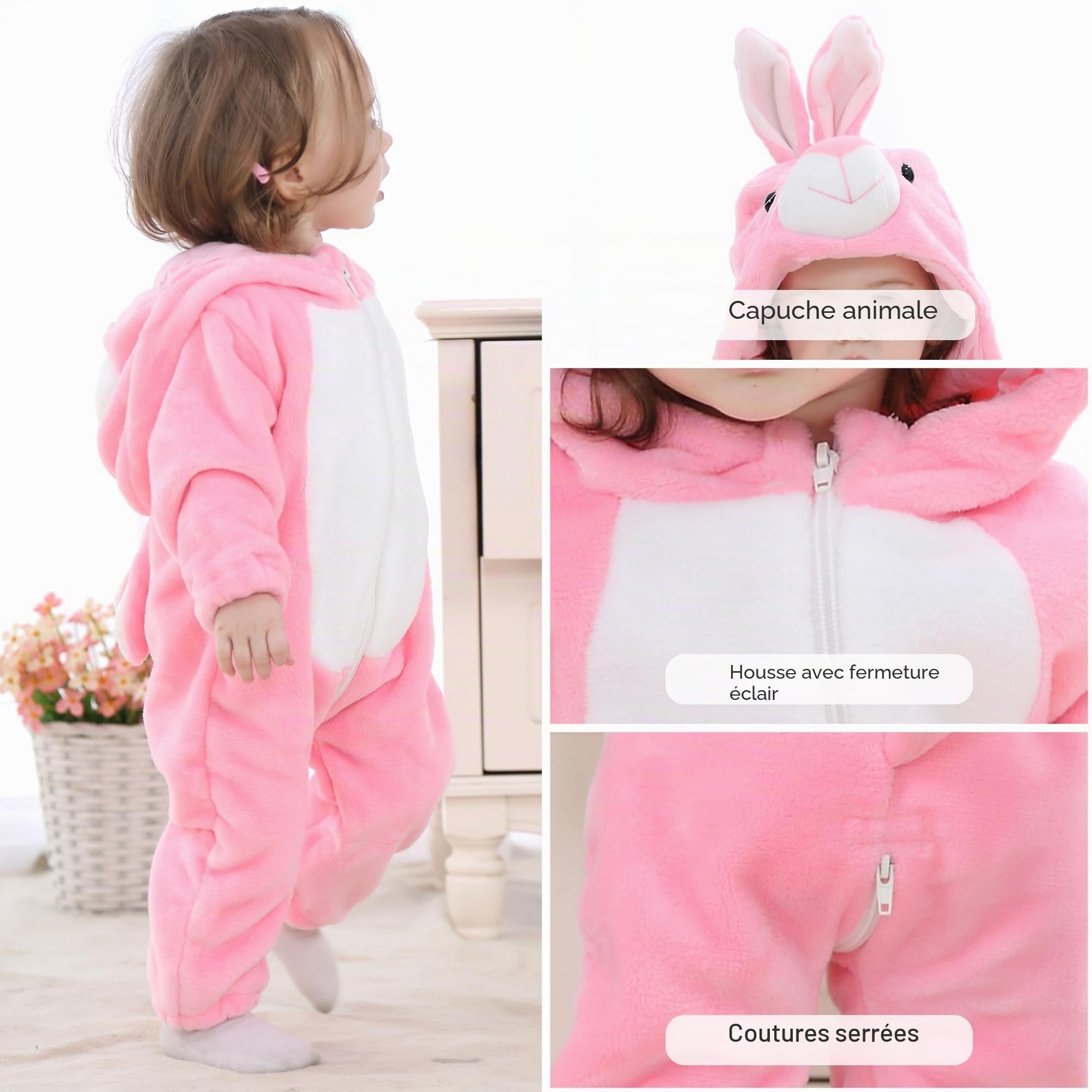 HAHASHOW BéBé d'hiver Grenouillères Combinaison Unisexe Animal Mignon Flanelle Barboteuses Manteau à Capuche Enfants Pyjama Jumpsuit pour Garçon et Fille, 2-36 Mois