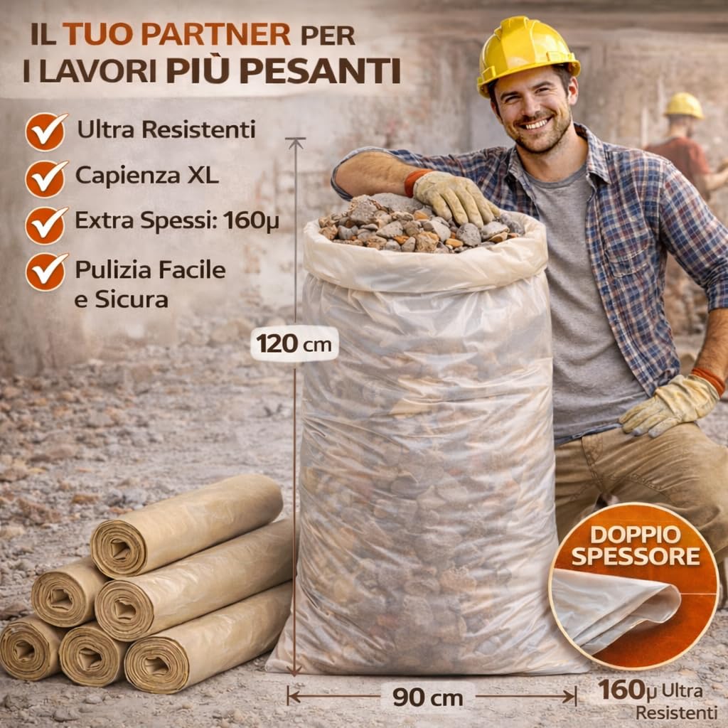 Sacchi per Macerie 90x120 AMBRA, Resistenti in Plastica - Sacchetti per Calcinacci, Detriti, Rifiuti Edili Robusti