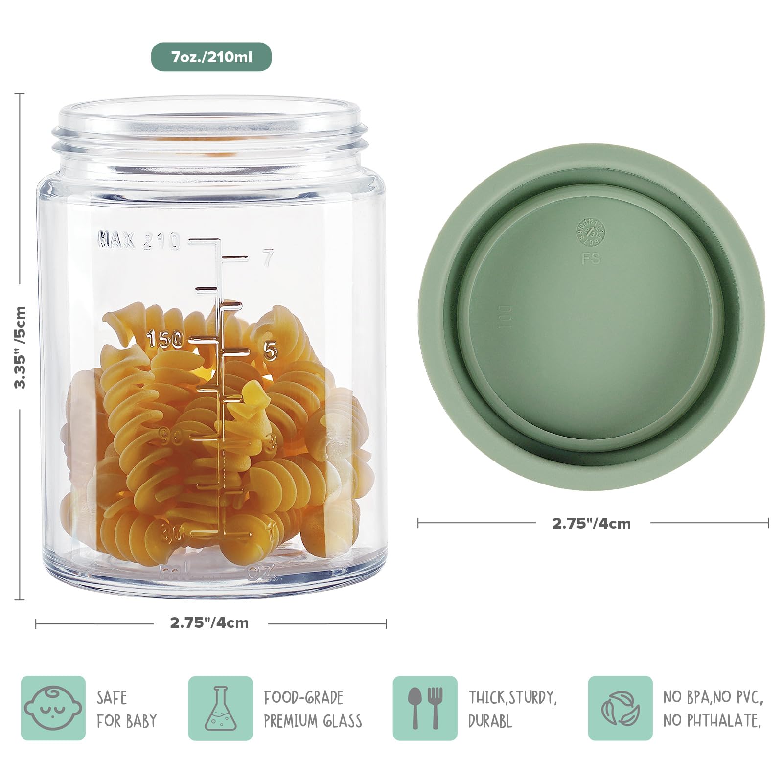 Juego de recipientes de almacenamiento de alimentos para bebés, tarros de vidrio 100% a prueba de fugas con tapas de silicona, aptos para nevera, congelador y microondas, 4 unidades de 7 onzas, 7