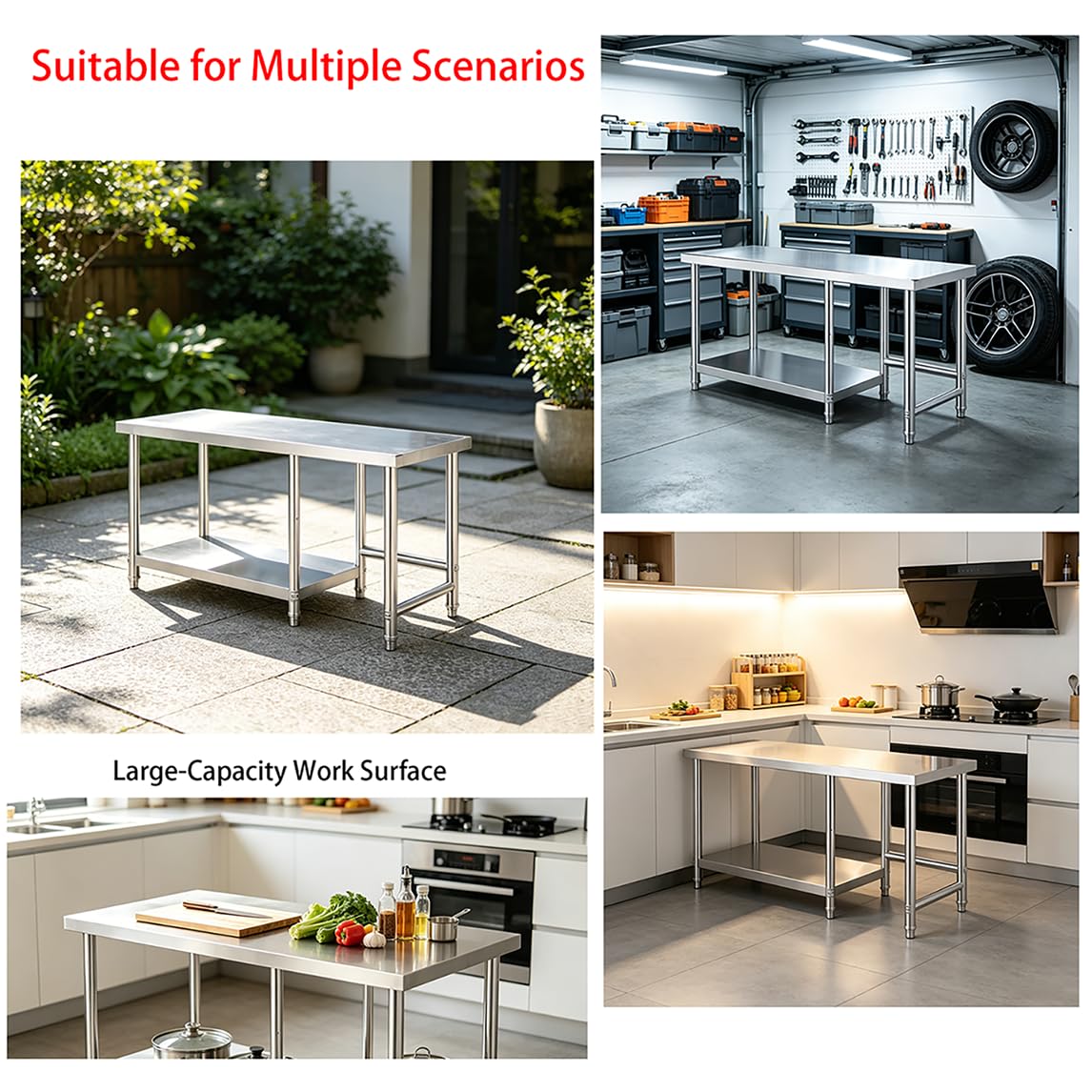 Zweistöckiges Regal Zum Teigkneten, Abstellen Von Gegenständen Mit Verstellbaren Outdoor Tisch Edelstahl-Arbeitstisch Den Hausgebrauch Pflanztisch Für Garage,Silber,L110*H80*W40
