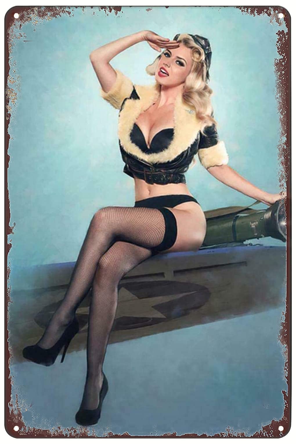 Viewkedt Girls Retro Pin-Up On Plane Sexy Army Lady Vintage Metal Decor 12X8 In Tin Sign Home Decor Home Art Metal Signs Wall Art Wall Decor Poster