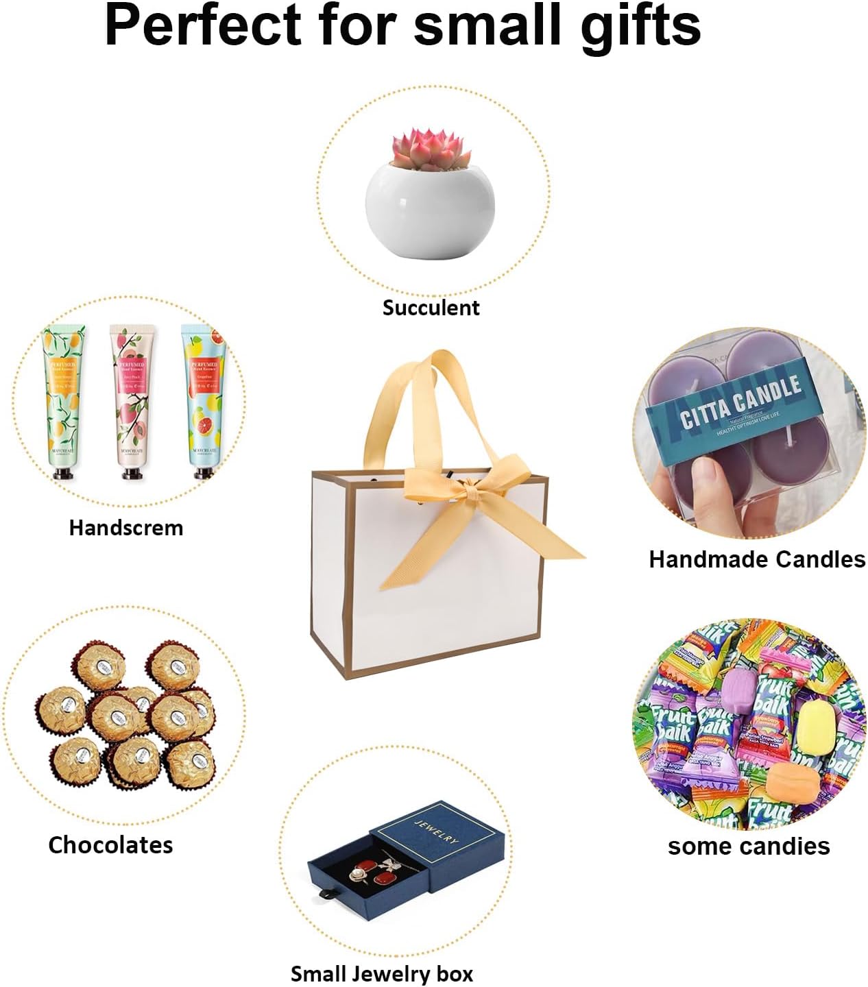 TKSBAG 50 PCS Small White Gold Gift Bags with Bow Ribbon - 6.4x3.1x5.1 Inch Thank You Bags with Handles, Bulk for Baby Shower, Bridal Shower, Wedding, Party Favors, Valentine - Image 2