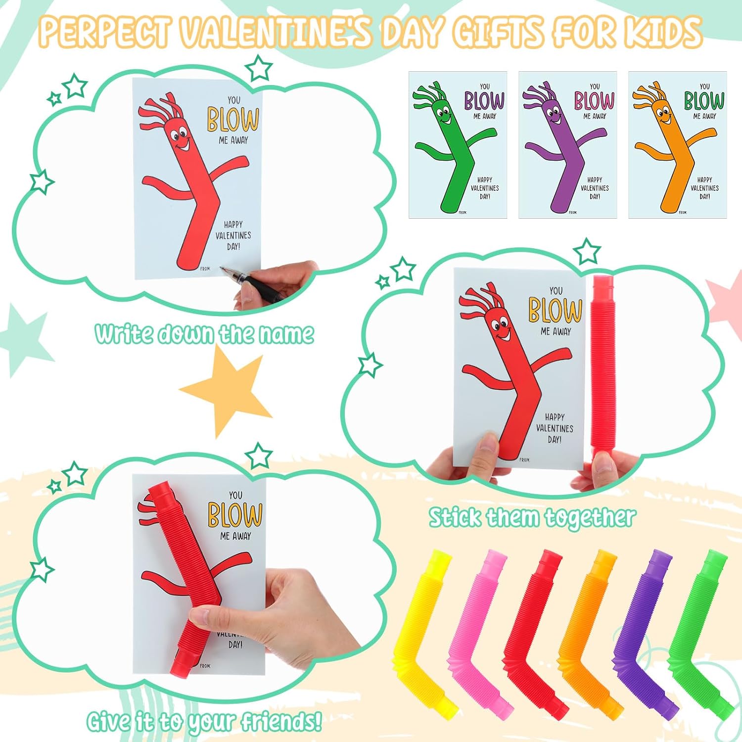 Skylety Valentines Day Gifts for Kids 24 Pack Valentines Day Cards with Pop Tubes Classroom Gifts Fidget Favors for Boys Girls School Class Preschool Valentine's